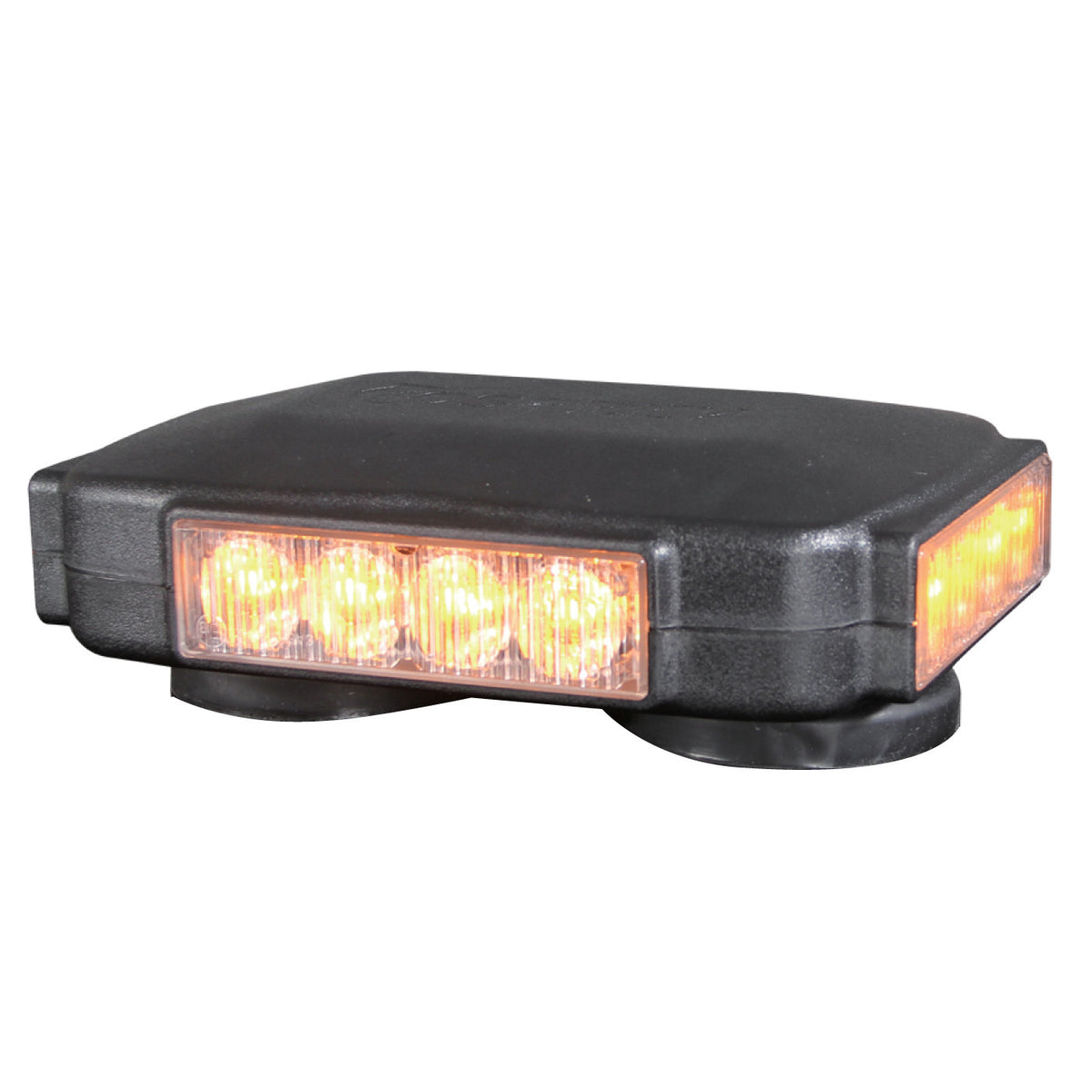 O4 mini LED light bar illuminated amber, front angle view showing LED clusters lit on two faces