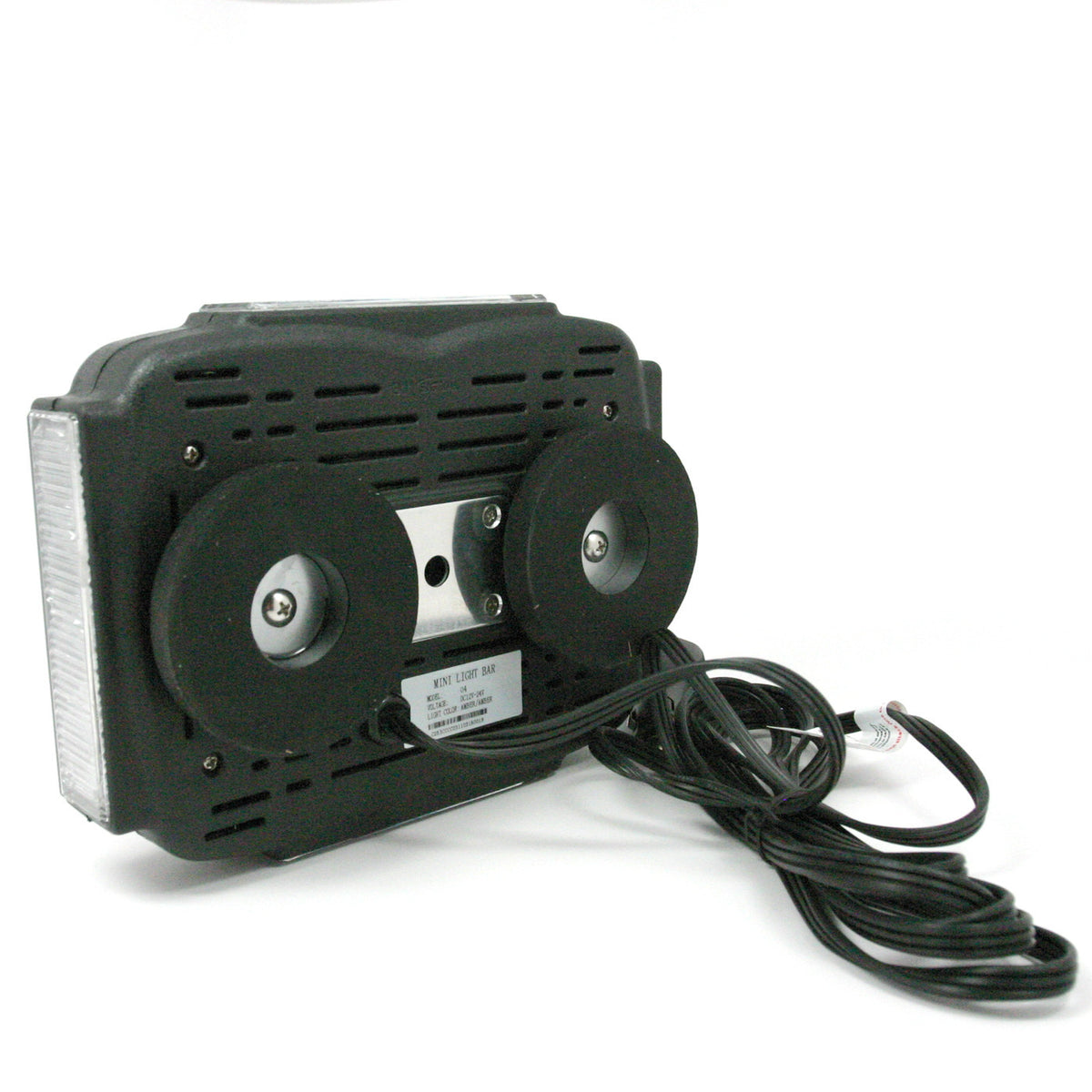 O4 mini LED light bar rear angle view showing the nameplate with model, voltage and colour details, magnetic feet and cable