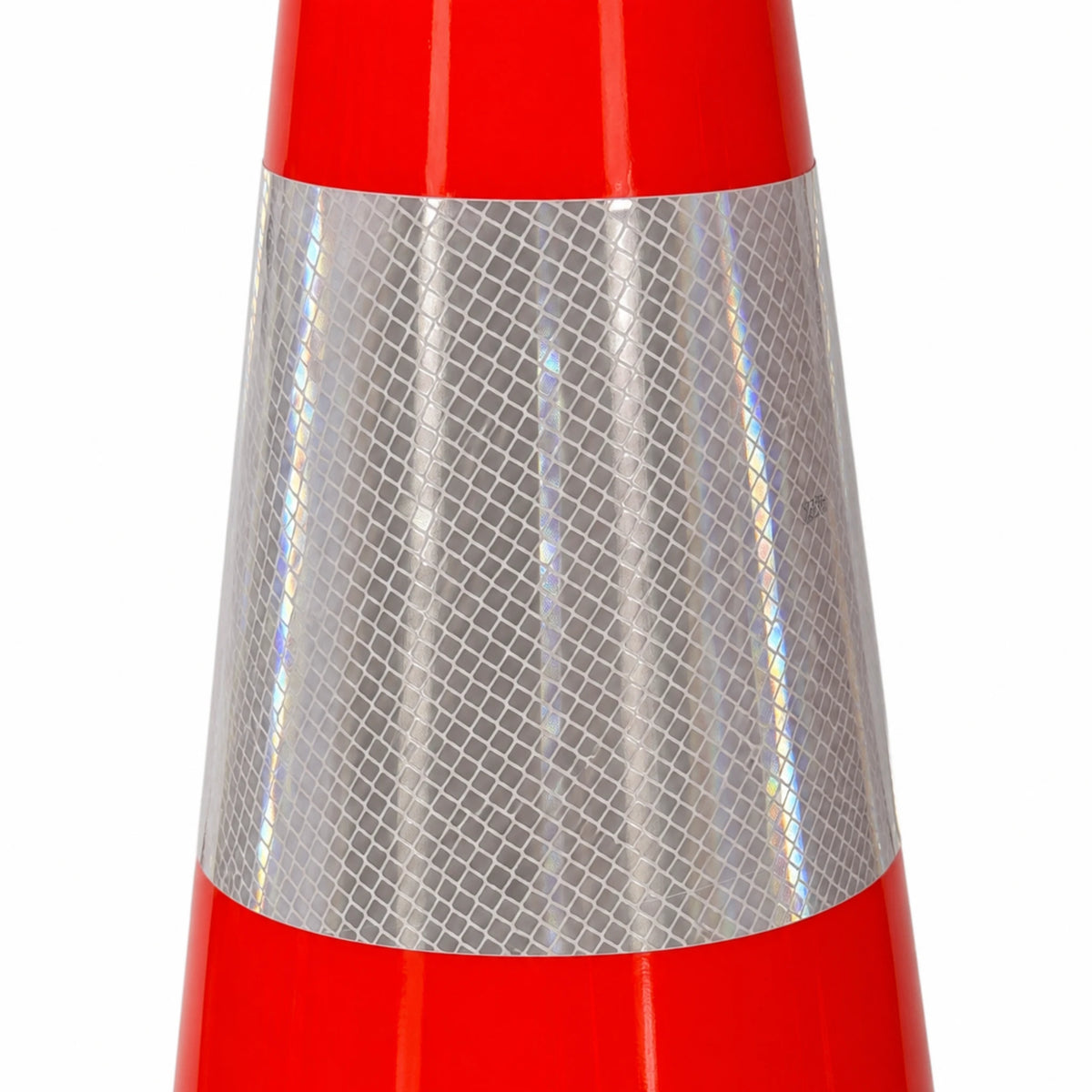 Fluorescent orange 700mm traffic cone with 3M Class 1 reflective collar detail