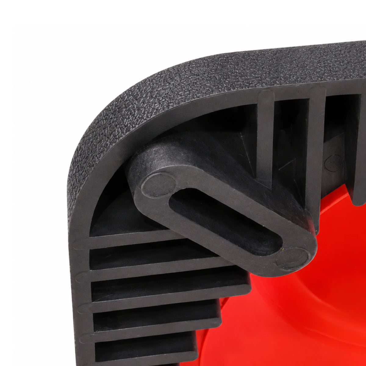 Close-up of a black plastic base Fluorescent orange 700mm traffic cone with 3M Class 1 reflective collar
