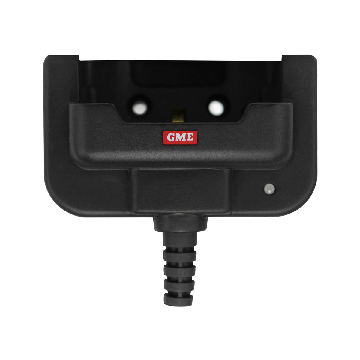Black electronic device dock with gold connectors on a white background