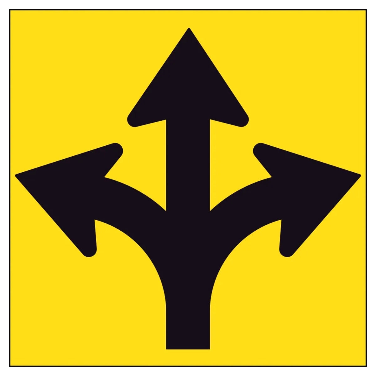 Traffic sign with Three black arrows pointing in different directions on a yellow background