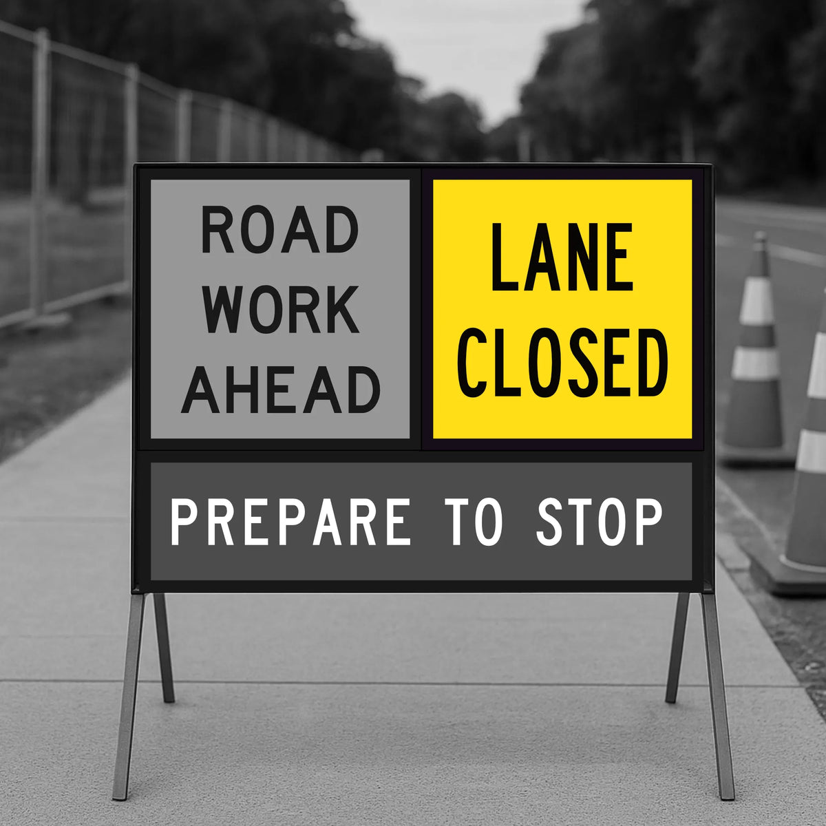 Road work ahead and lane closed sign with traffic cones in the background