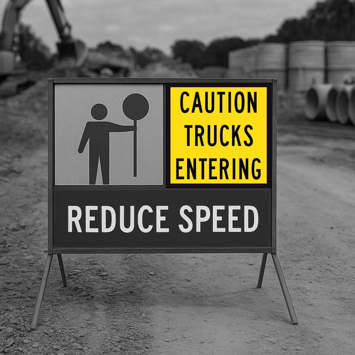 Traffic control message on construction set caution trucks entering