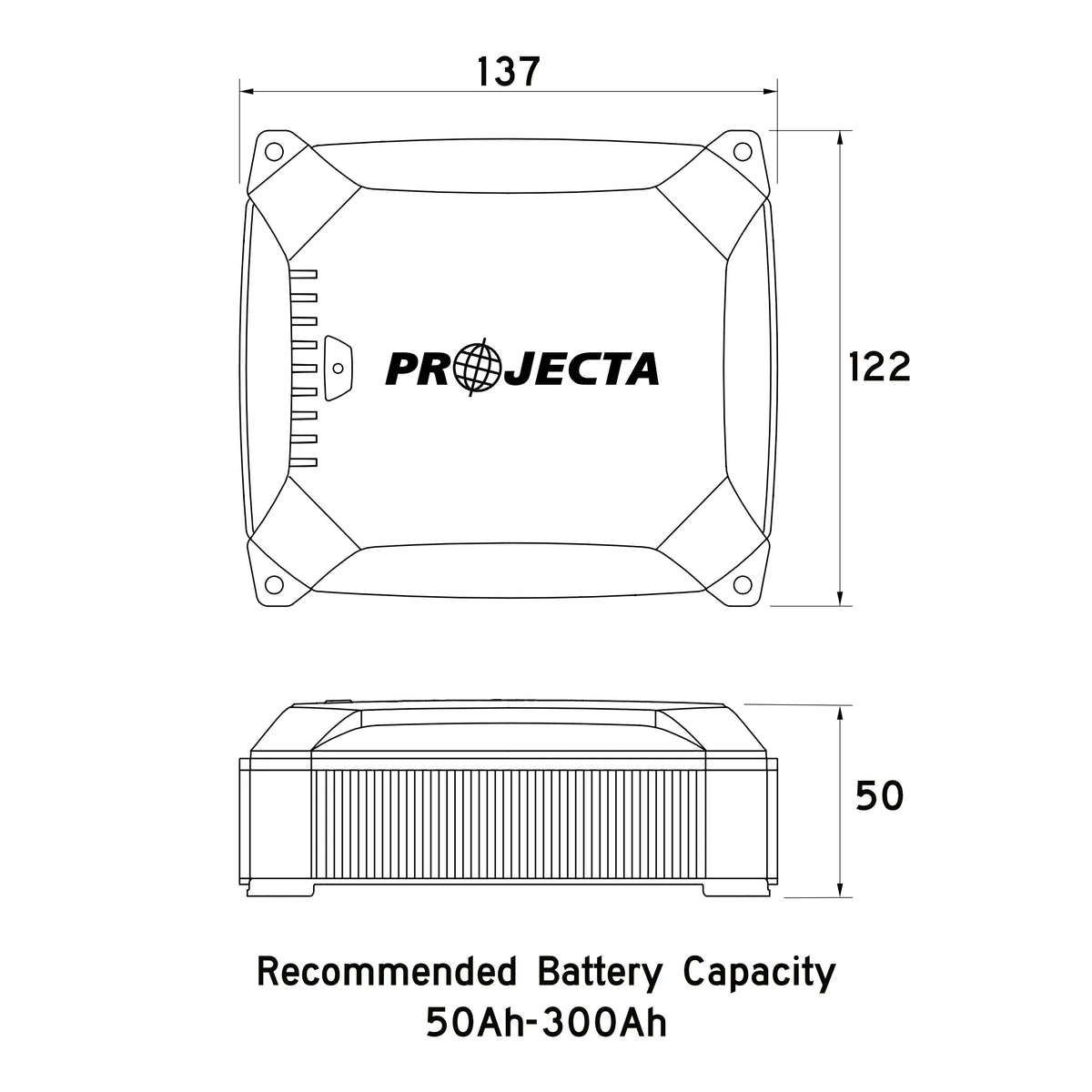Technical drawing of a Projecta battery charger with dimensions and recommended capacity range.