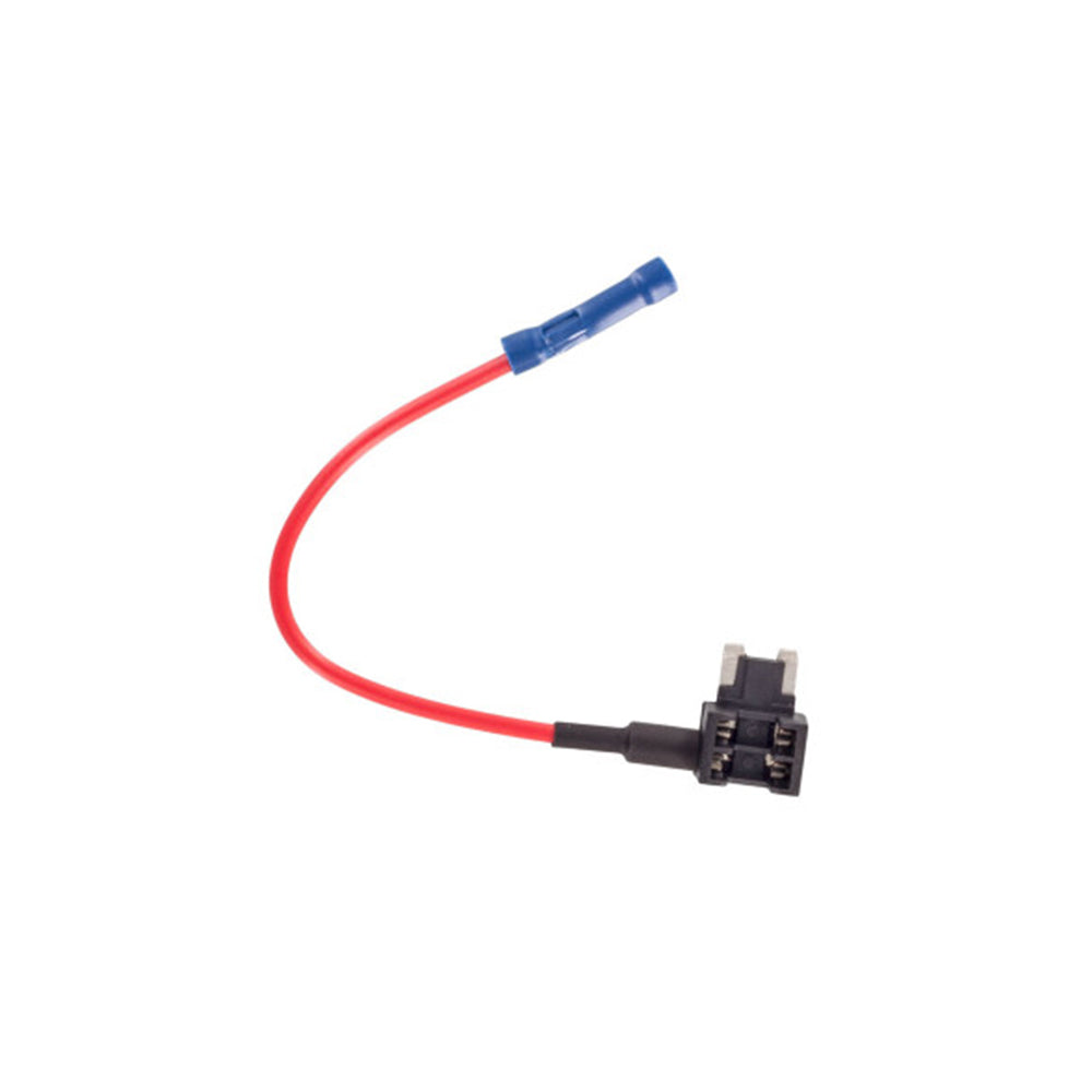 Low profile mini fuse tap with two empty fuse sockets and a red 16GA lead ending in a blue insulated crimp terminal