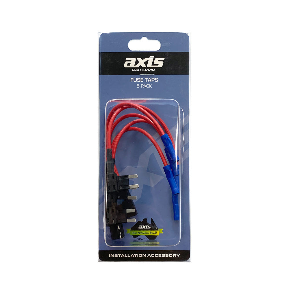 Mini blade fuse tap with two empty fuse sockets and a red 16GA lead ending in a blue insulated crimp terminal
