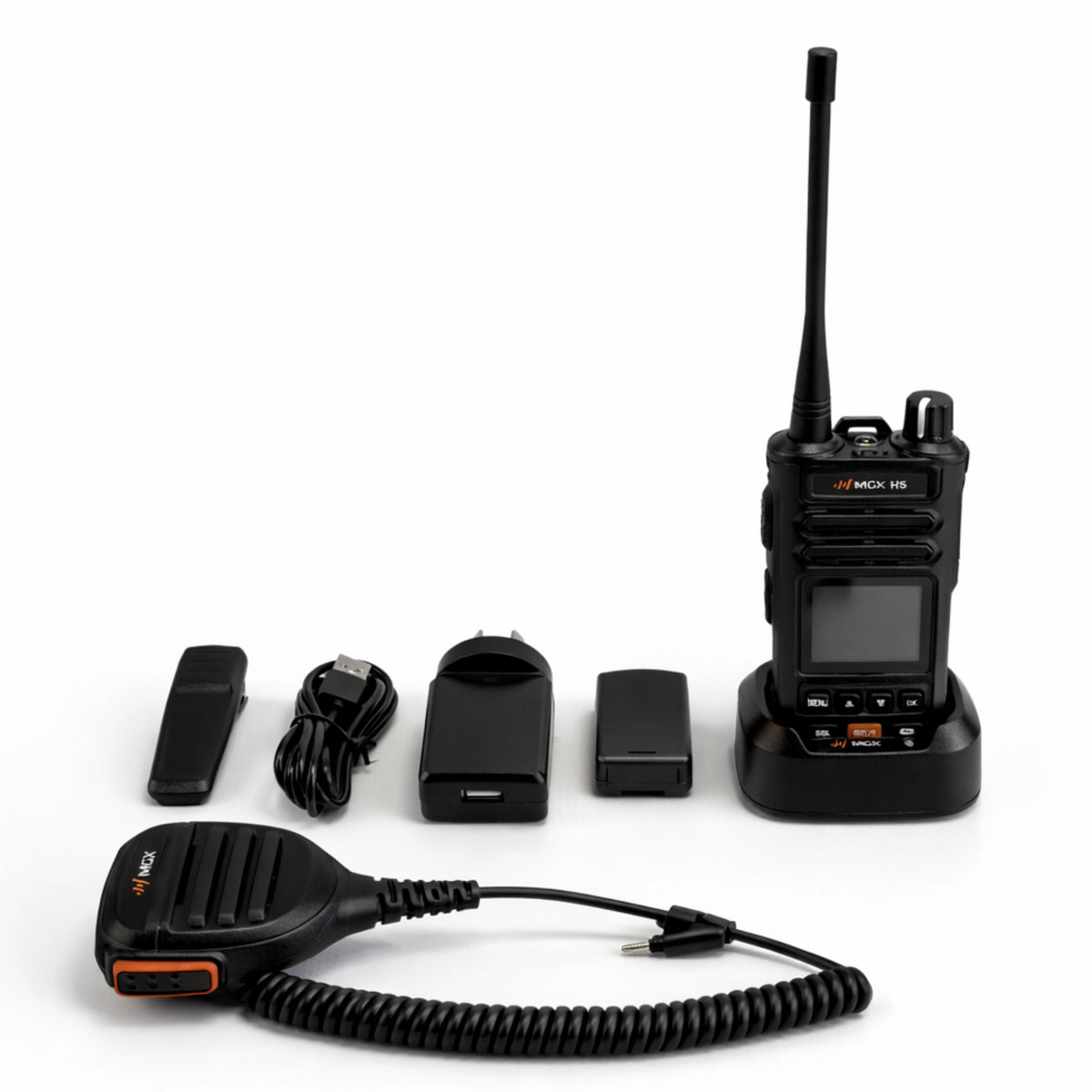 MGX H5 kit laid out with radio in charging cradle, speaker microphone, belt clip, USB cable, wall charger and battery