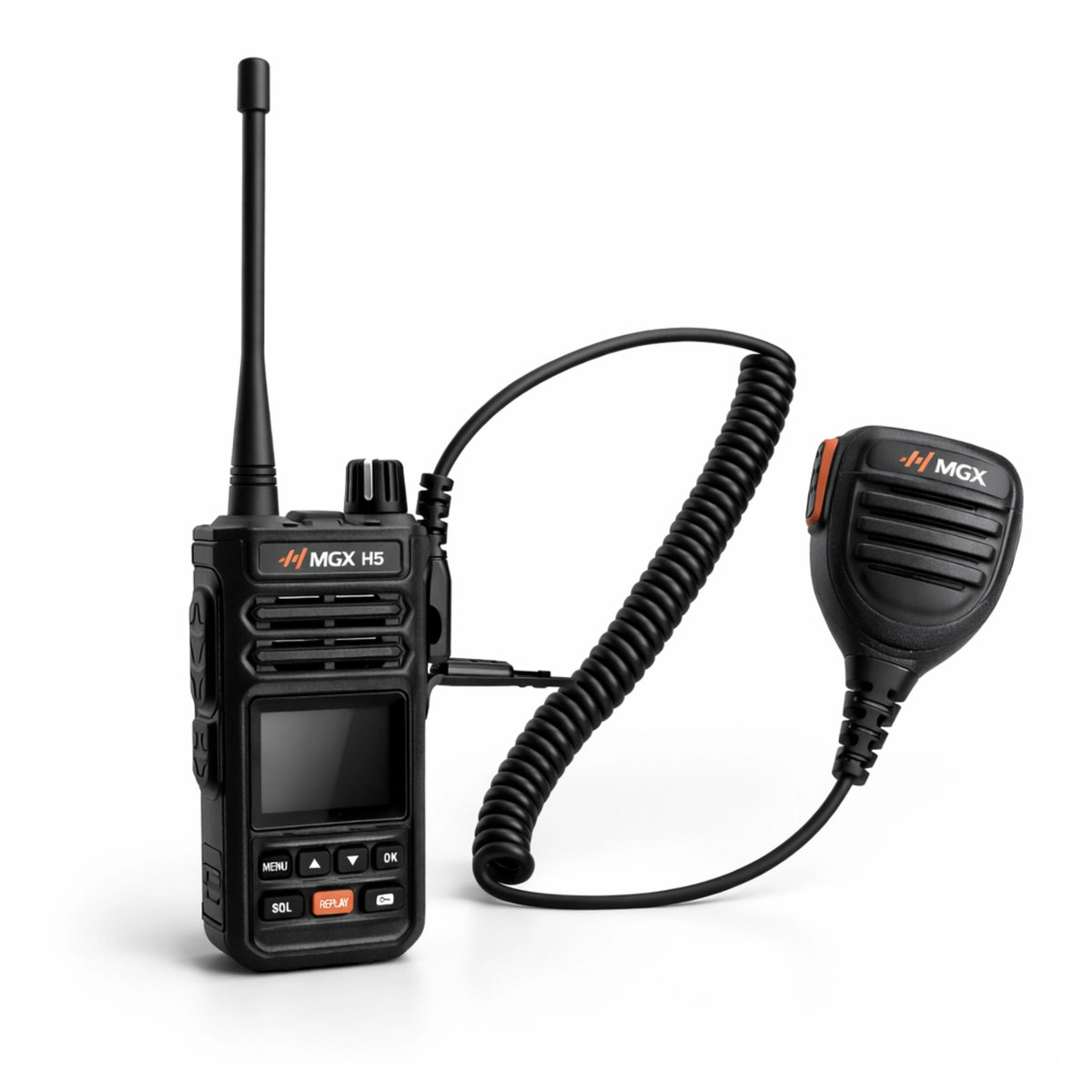 MGX H5 handheld radio connected to the H5/2M shoulder speaker microphone by coiled cable