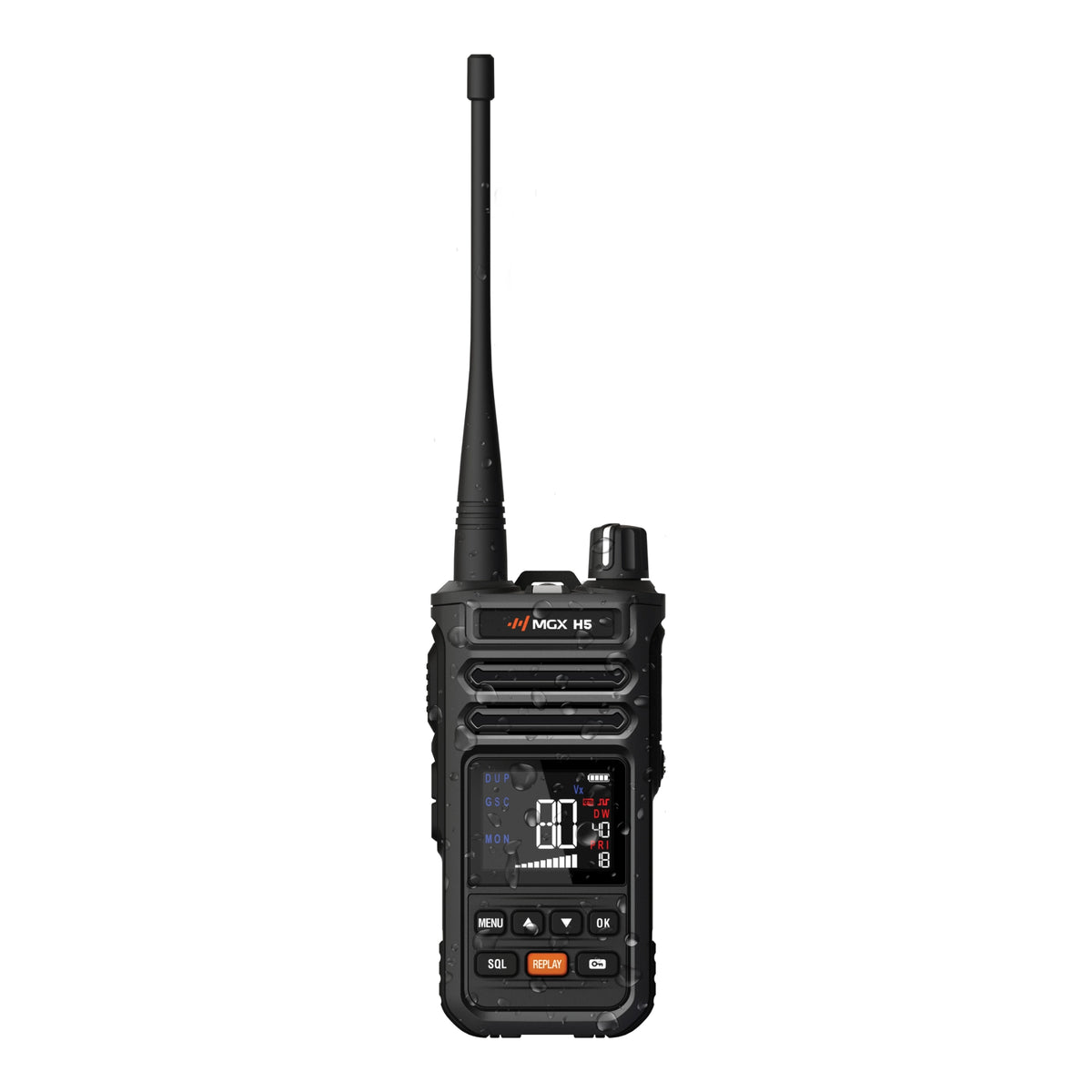 Black MGX H5 handheld UHF radio with colour display, antenna and orange replay button