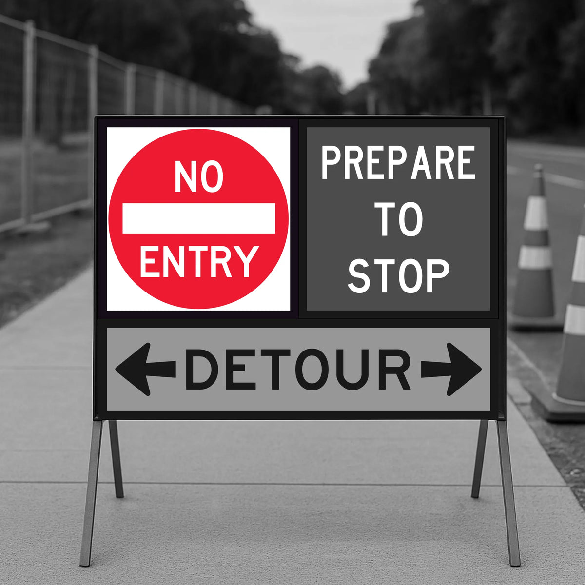 Road sign indicating 'No Entry', 'Prepare to Stop', and 'Detour' on a road with traffic cones.