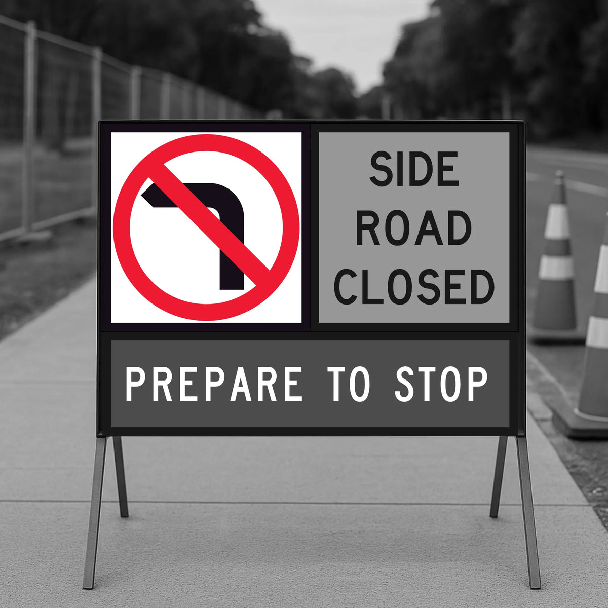 Road sign indicating 'No Right Turn', 'Side Road Closed', and 'Prepare to Stop' on a road.