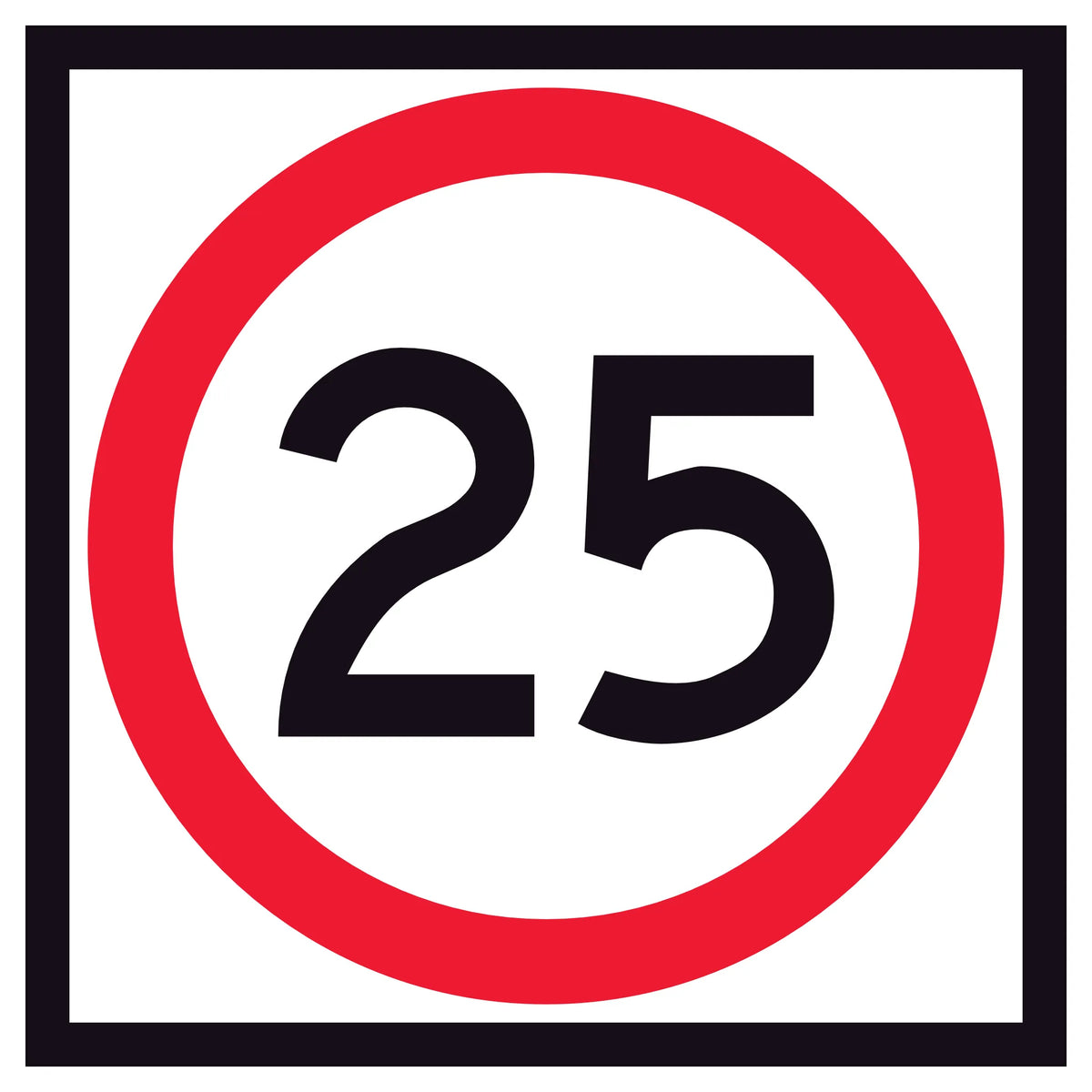 25 km/h speed limit corflute traffic sign panel RM4-1A(25) – 600x600mm, red annulus, black legend, retroreflective white background