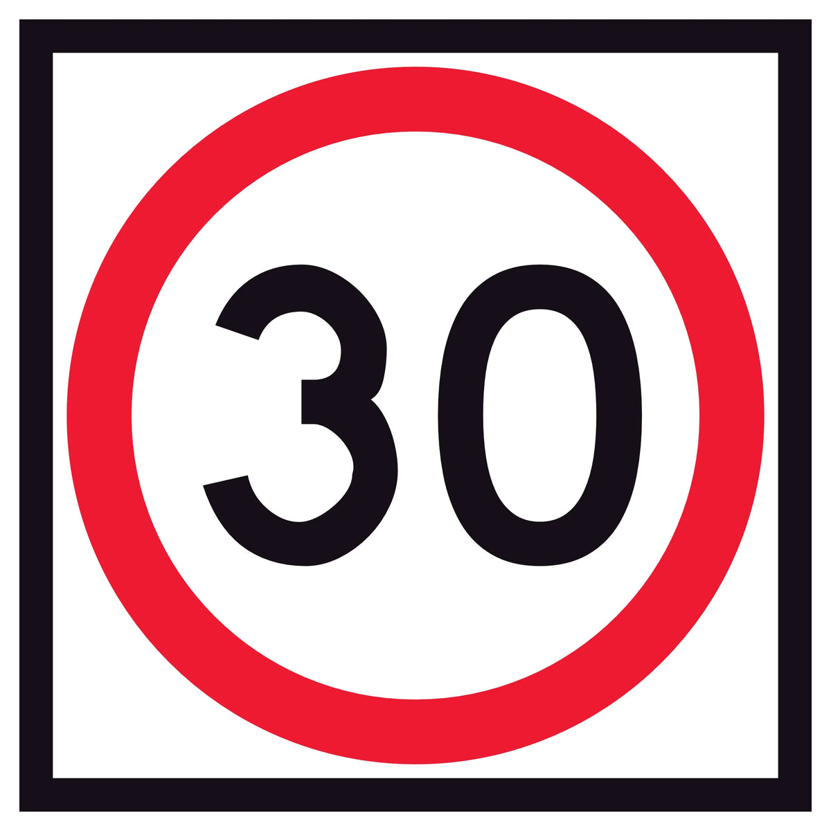 RM4-1A(30) 600x600 mm Square corflute 30 km/h speed-limit sign with a red circle on a white background