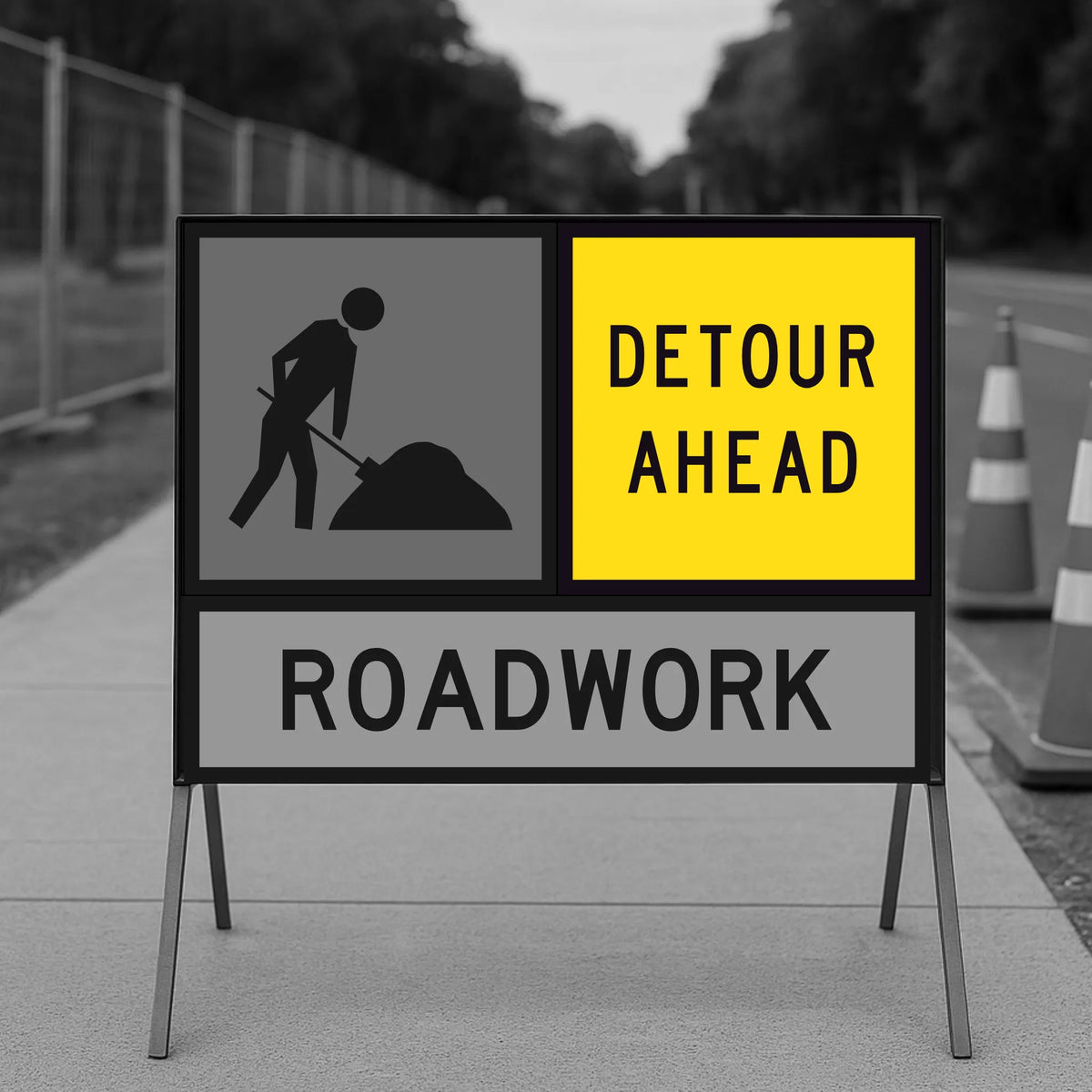 Detour ahead and roadwork sign with construction worker icon on a stand.