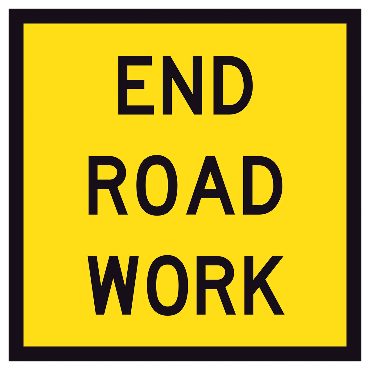 "END ROAD WORK" black text on retroreflective yellow - 600x600mm corflute sign panel