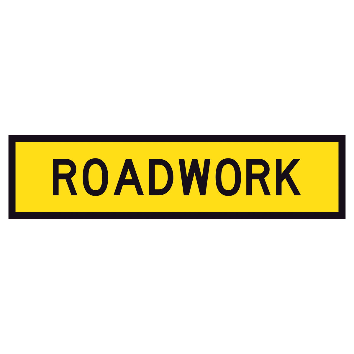 “ROADWORK” black text on retroreflective yellow – 1200x300mm corflute sign panel.