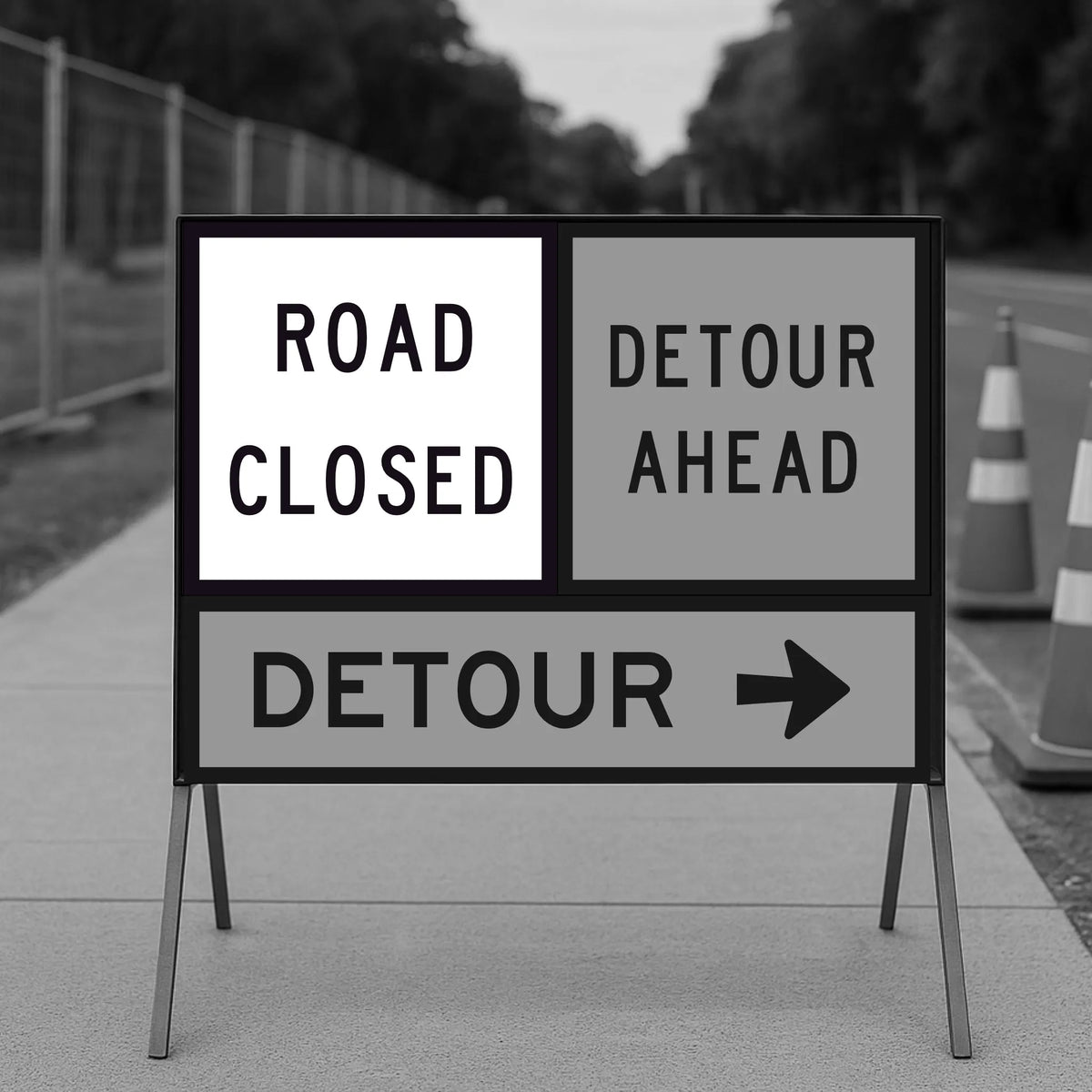 Temporary traffic control road closed and detour ahead signs on a stand with traffic cones in the background.