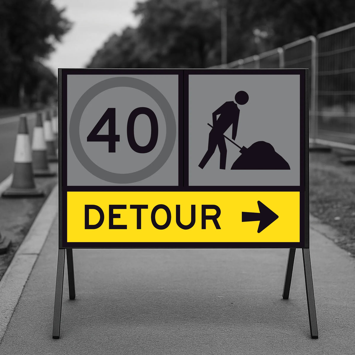 Temporary traffic control Detour sign with speed limit and construction worker symbol on a road.
