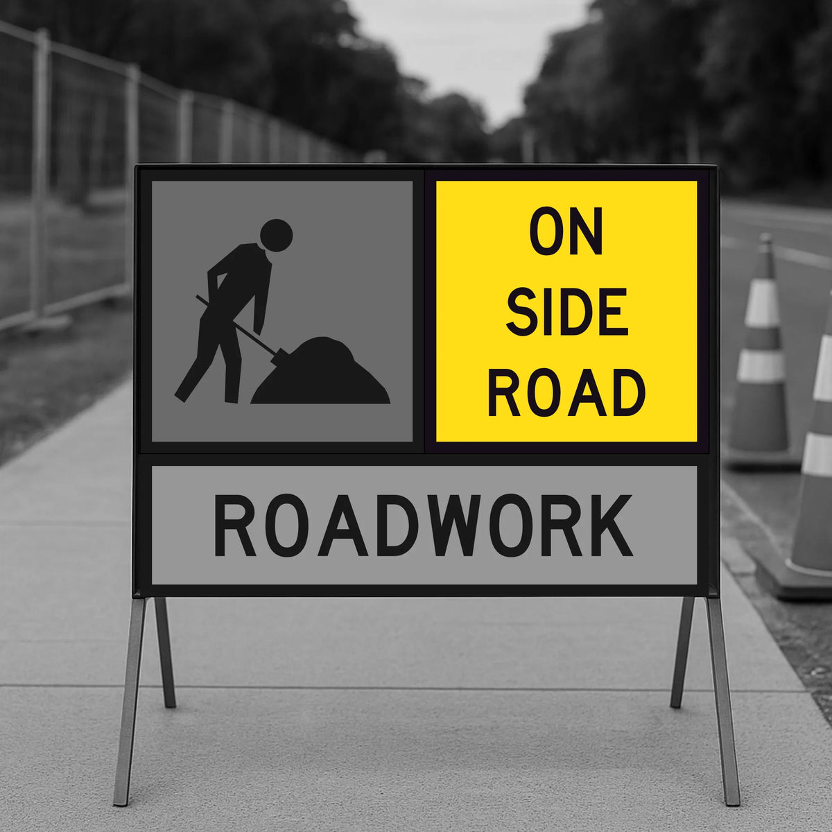 Roadwork sign indicating construction on the side road with a person icon and text.