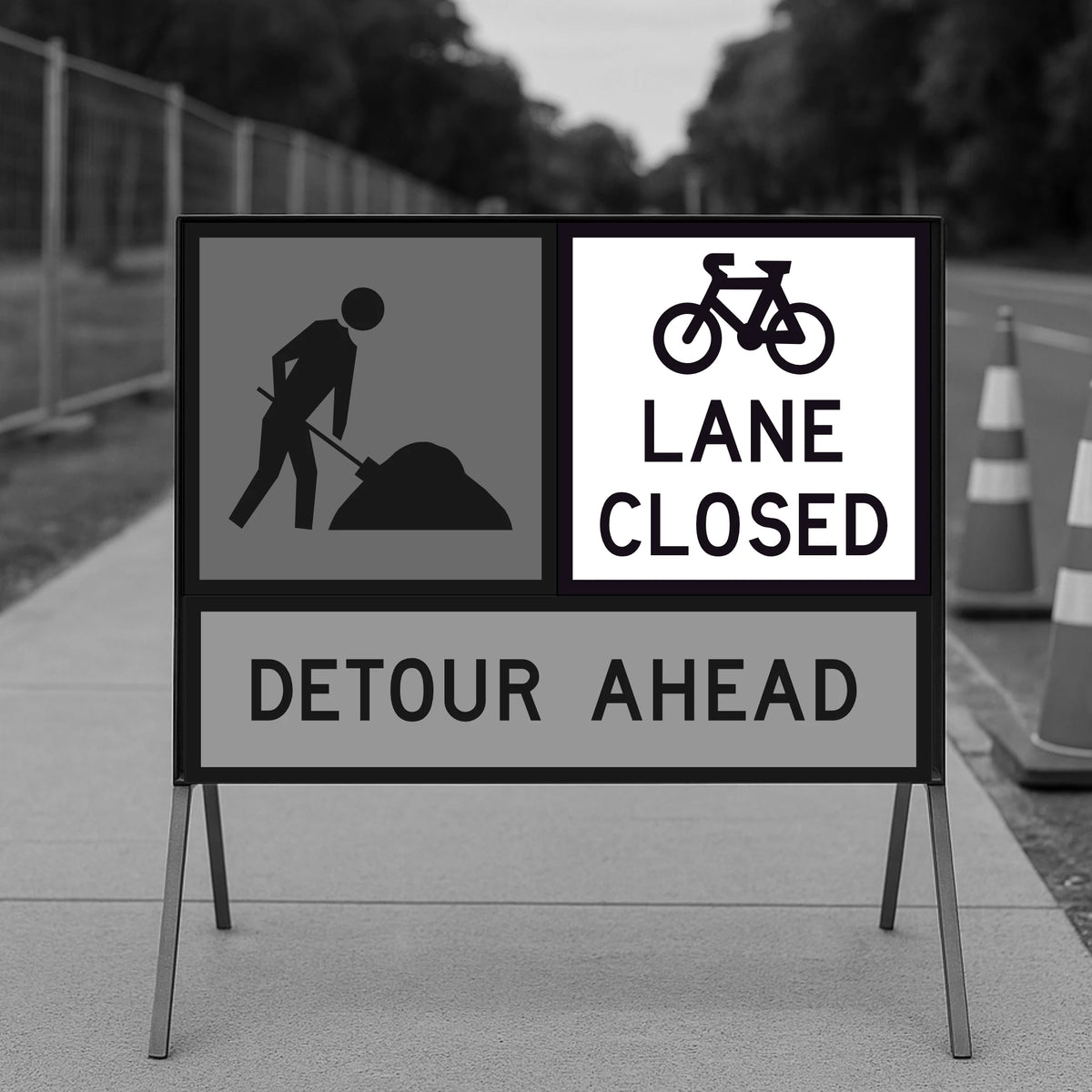 Road construction sign indicating 'Bicycle Lane Closed, Detour Ahead' and workman sign