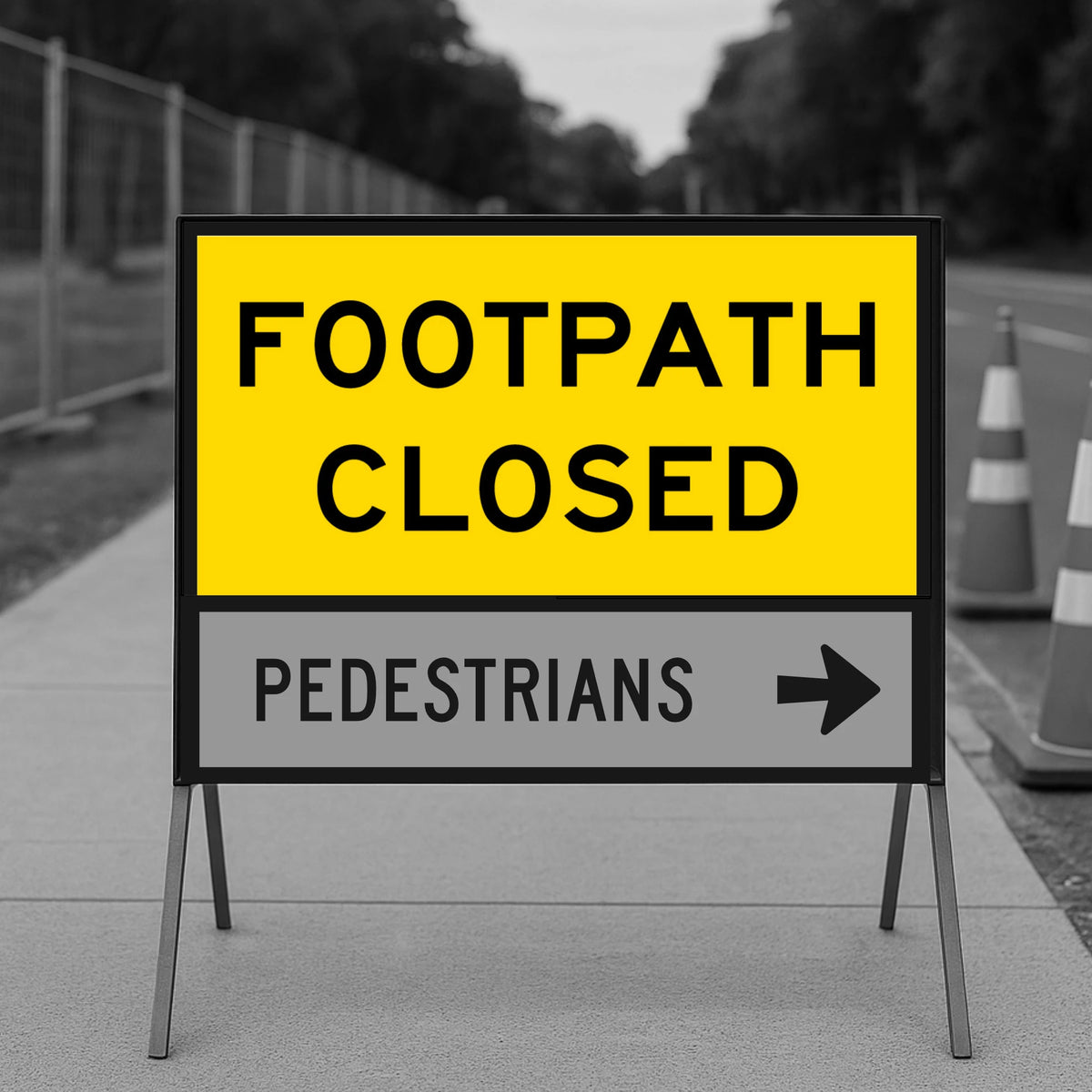 Yellow 'Footpath Closed' sign with pedestrian direction on a gray background