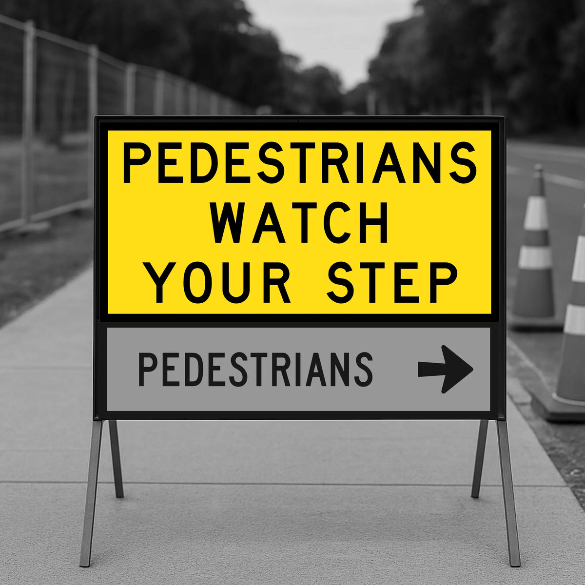 Warning sign for pedestrians to watch their step on a sidewalk.