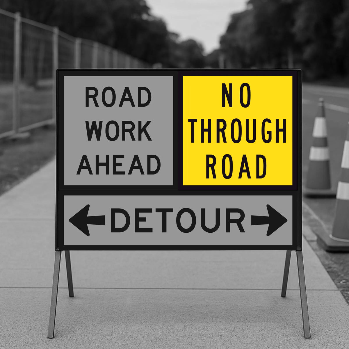 Temporary traffic control road work ahead sign with detour instructions on a road.