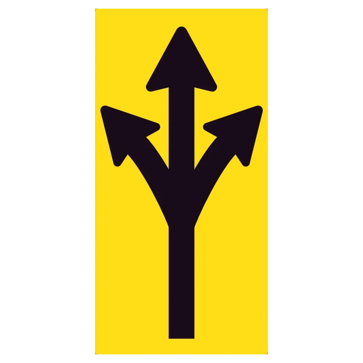 Three-way black arrow pointing left, straight, and right on a retroreflective yellow background – 300x600mm corflute traffic sign
