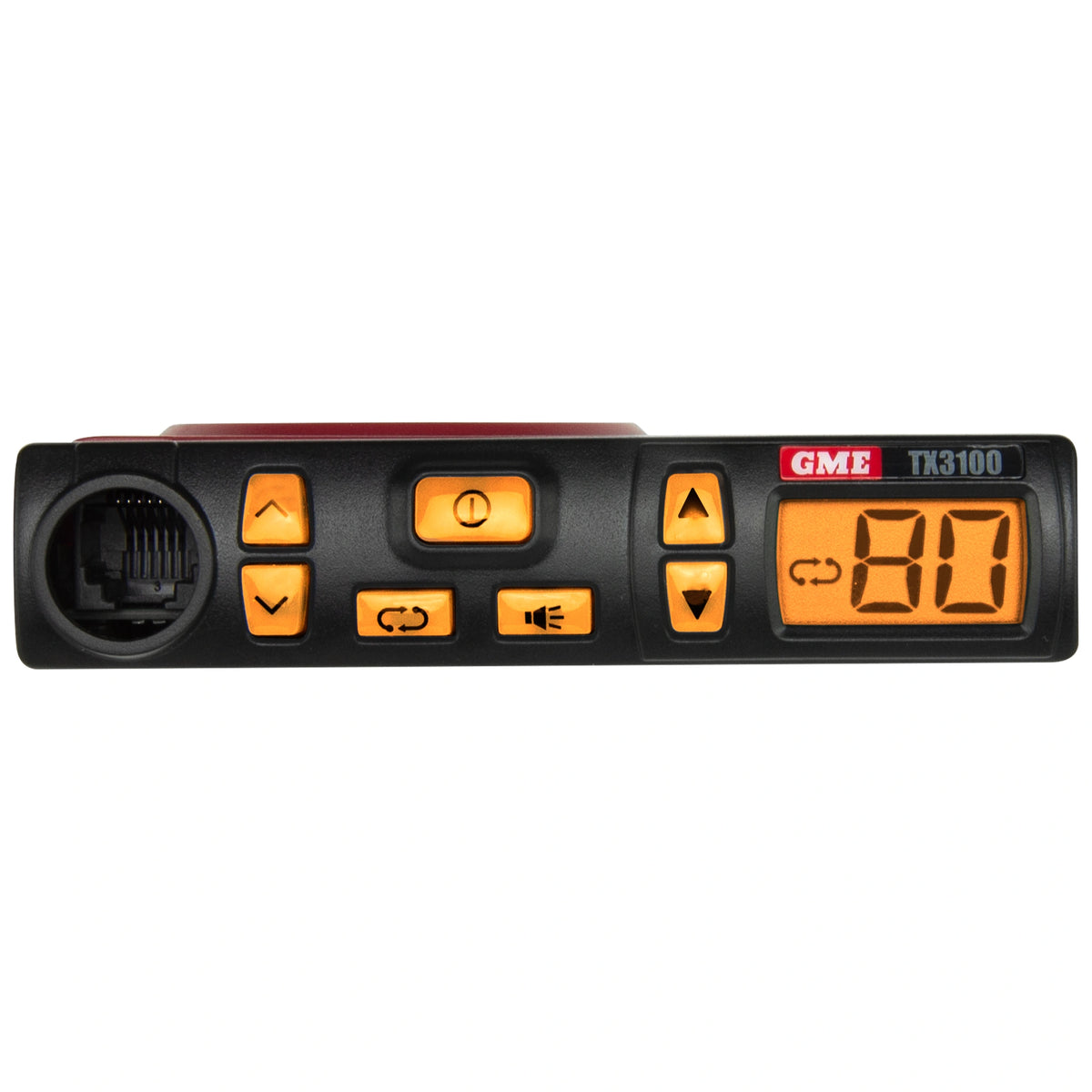 Front face of the GME TX3100 UHF CB radio showing the amber backlit channel display and control buttons