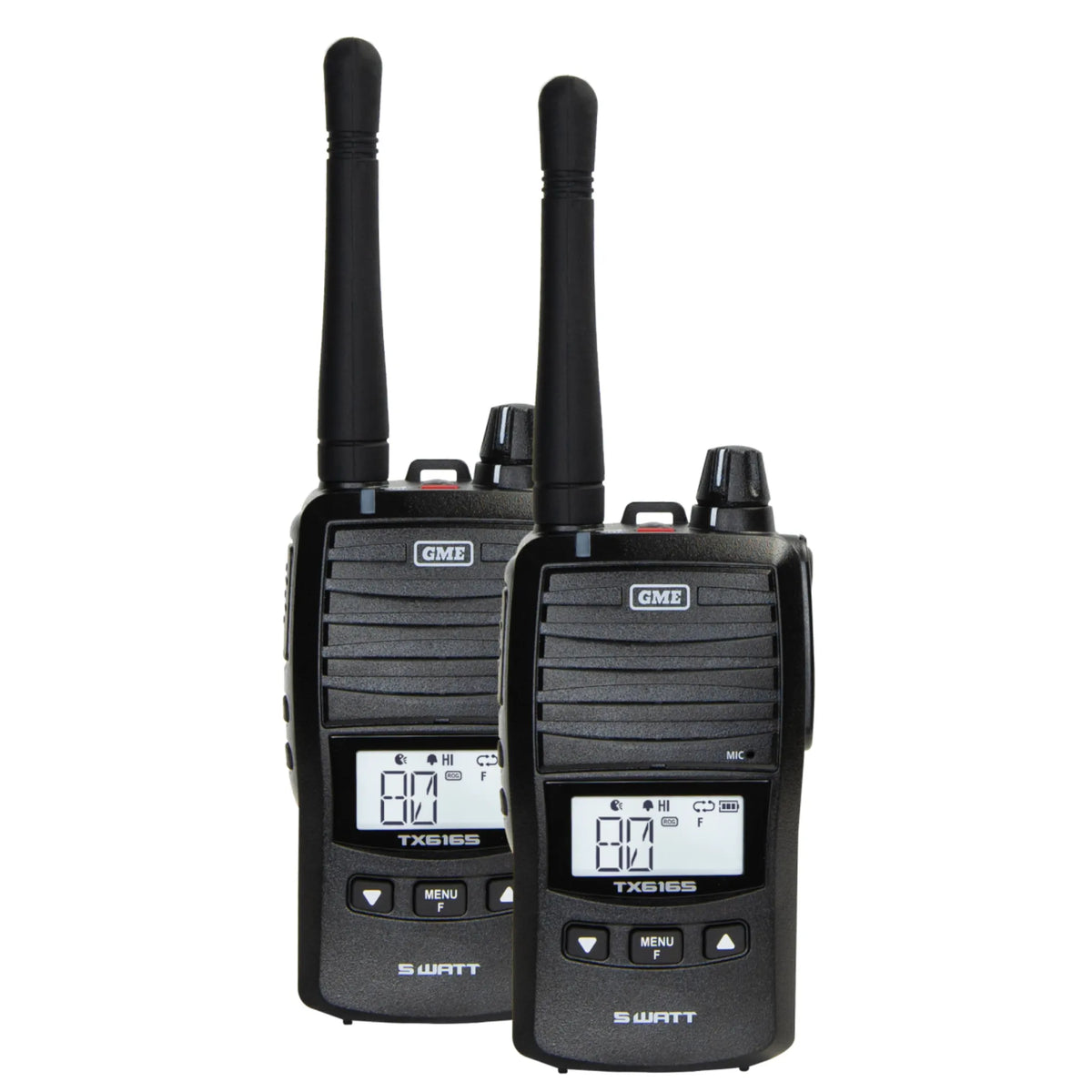 Two black walkie-talkies with digital displays on a white background