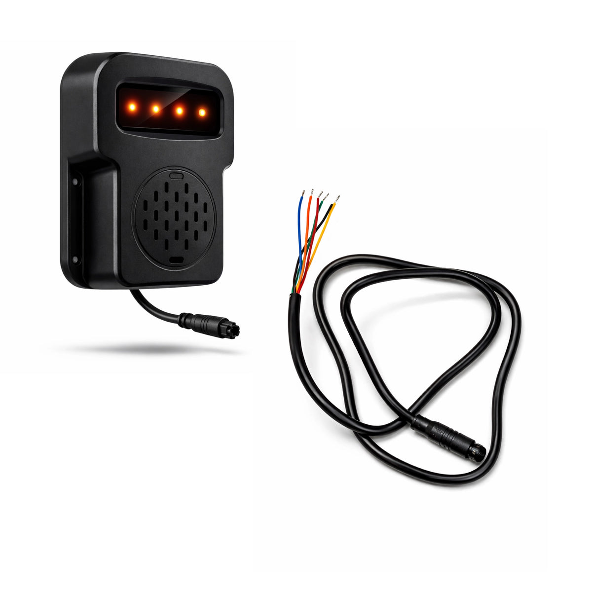 VDA001 direction alarm with its 6-pin connector and 800mm breakout wiring cable