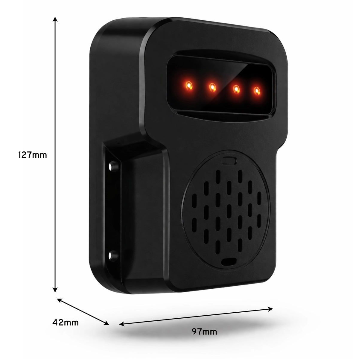 VDA001 direction alarm dimension view showing 127mm height, 97mm width and 42mm depth