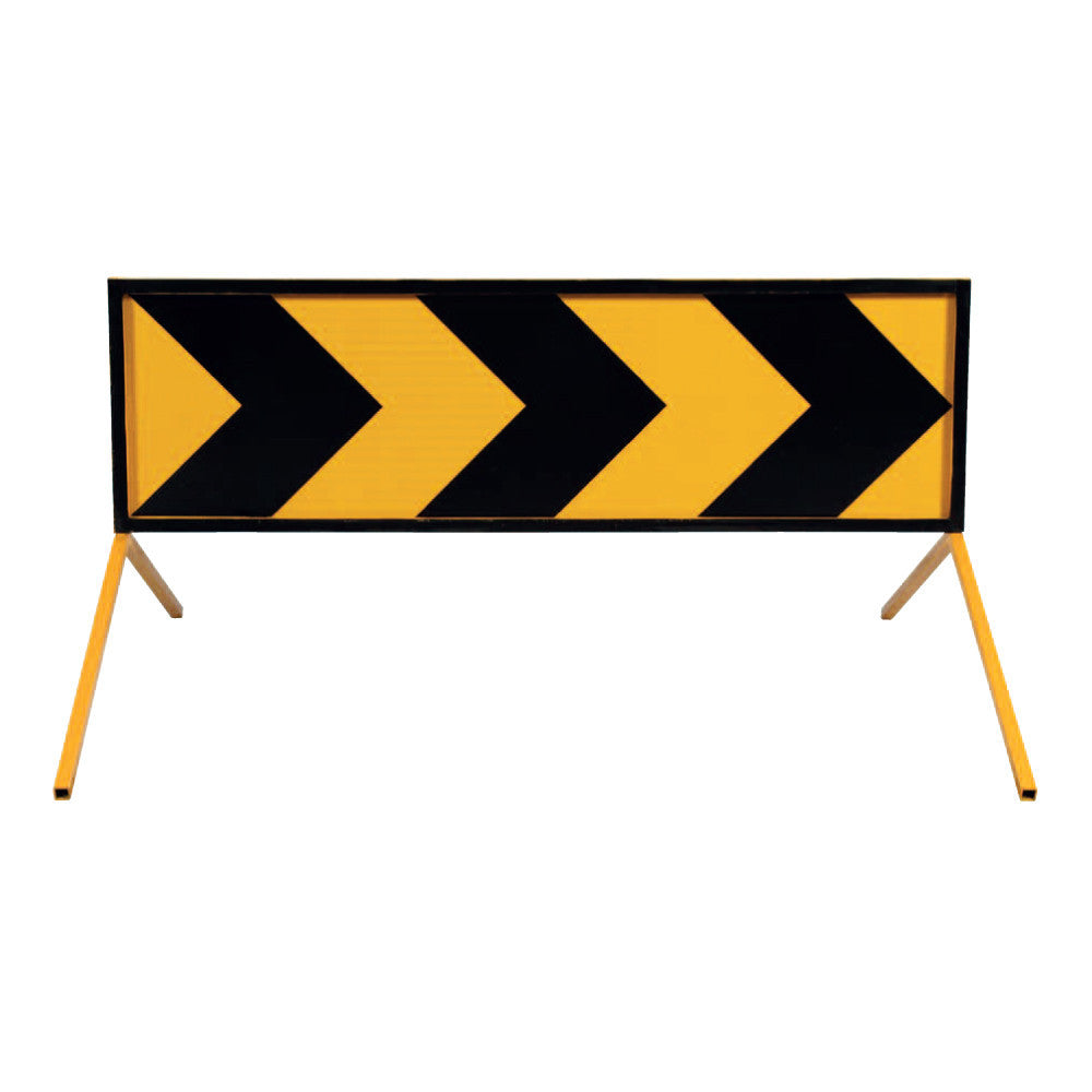 LSM chevron Yellow and black striped barrier with Bipod Y Yellow legs on a white background