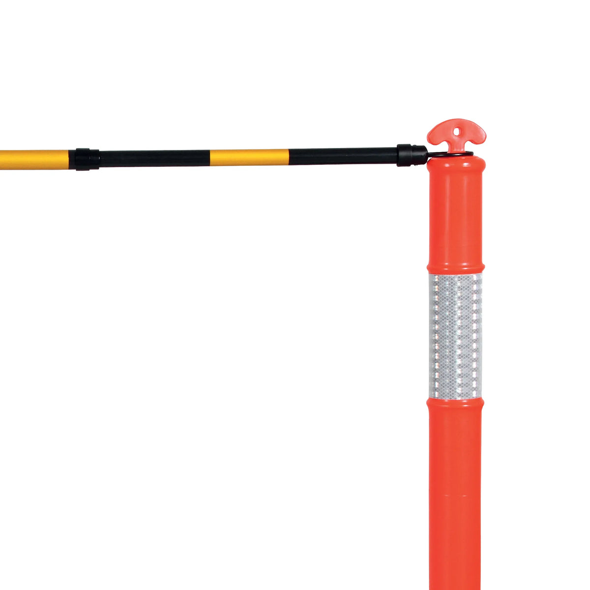 Red T top Bollard with a black and yellow cone bar on a white background
