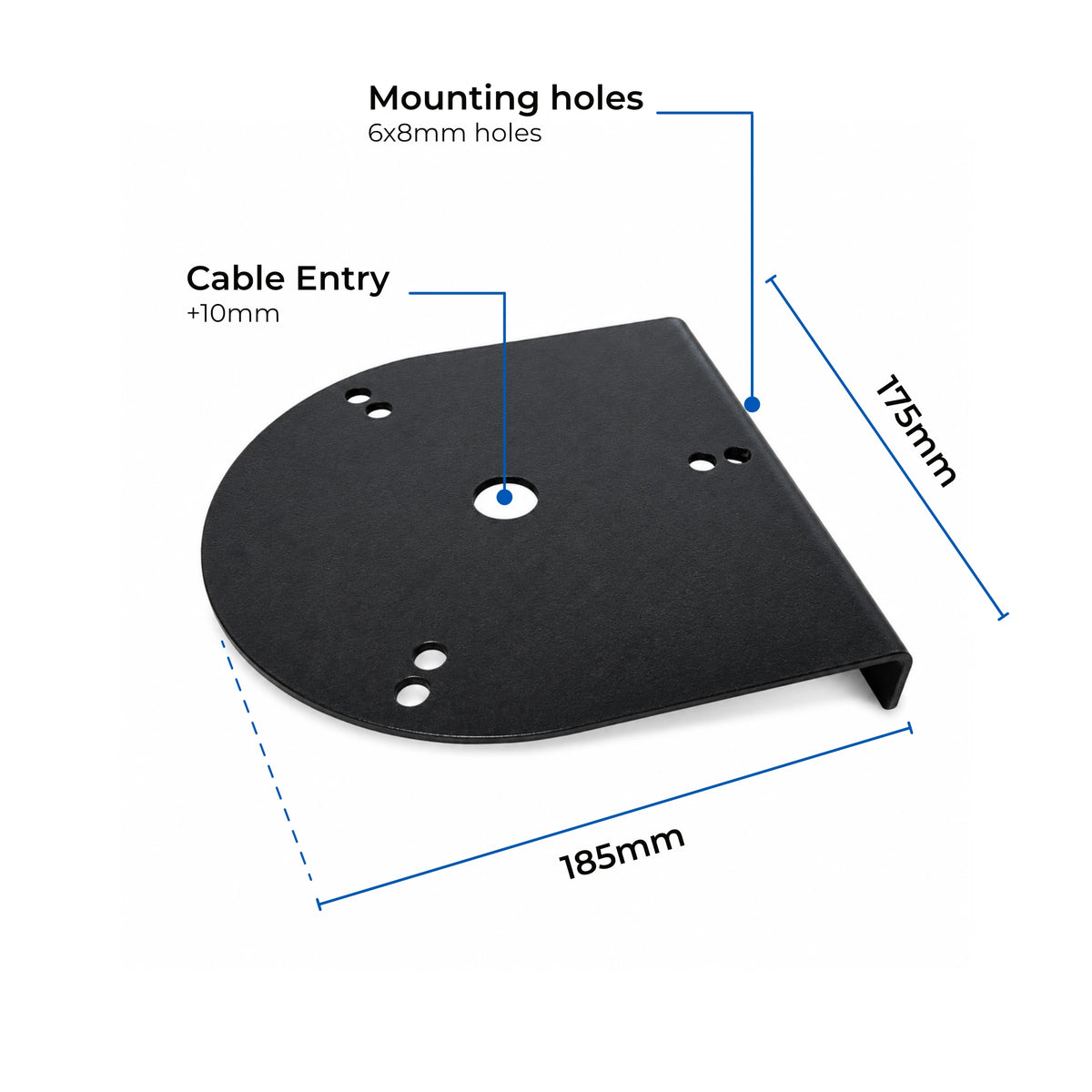 Black metal beacon bracket with dimension annotations showing 185mm width, 175mm height, cable entry +10mm, and mounting holes 6x8mm on a white background.