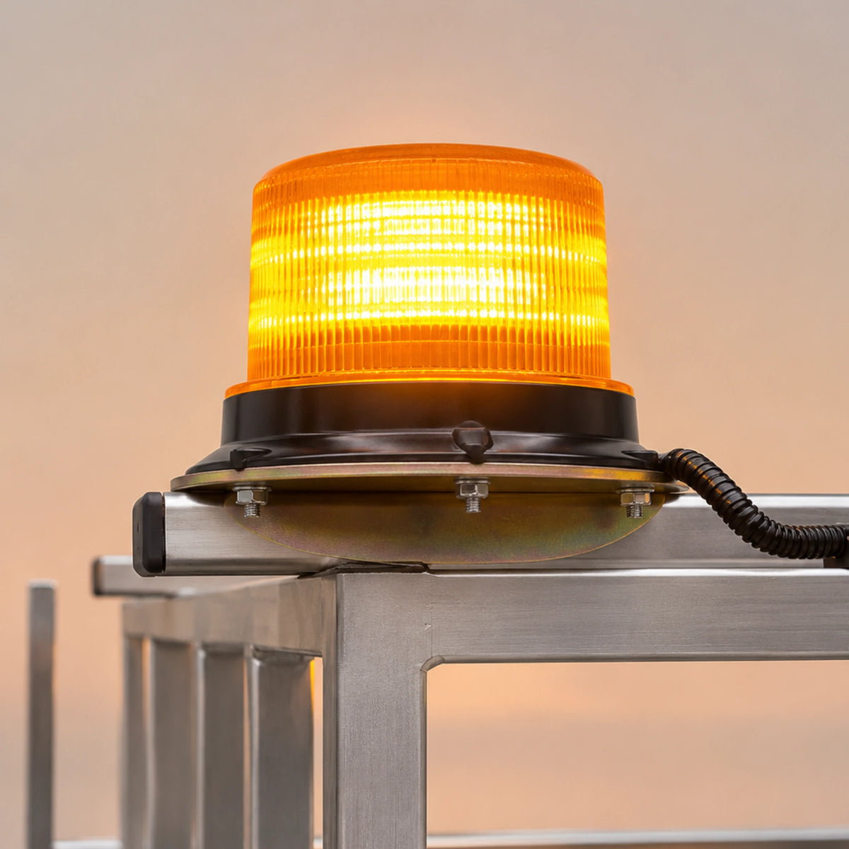 A bright orange emergency beacon light with a ribbed translucent dome and black base, mounted on a metal frame against a soft beige background.