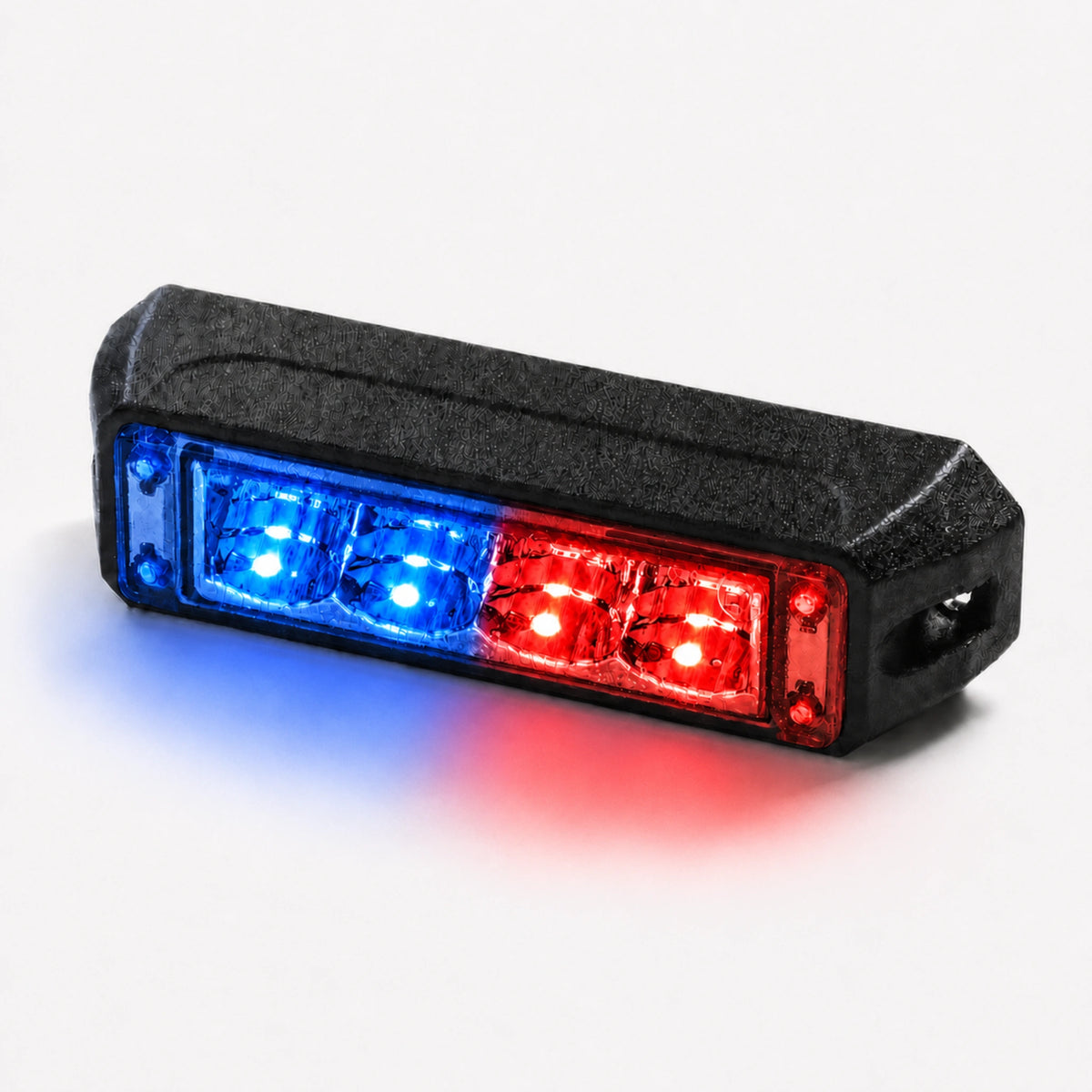 The warning light head running split blue and red output, two LEDs blue and two red