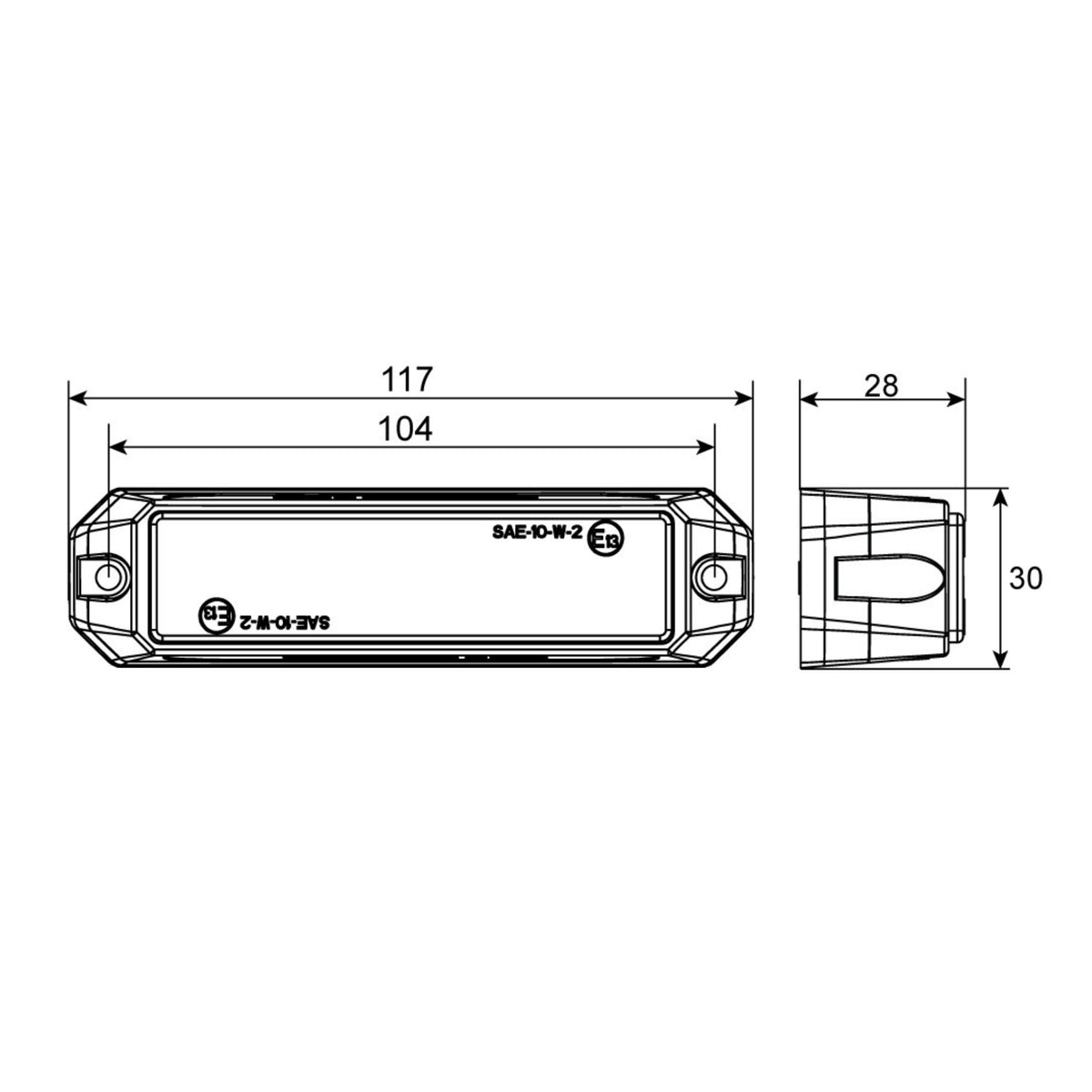 Dimension drawing of the warning light head showing 117mm overall length, 104mm between mounting hole centres, 30mm height and 28mm depth