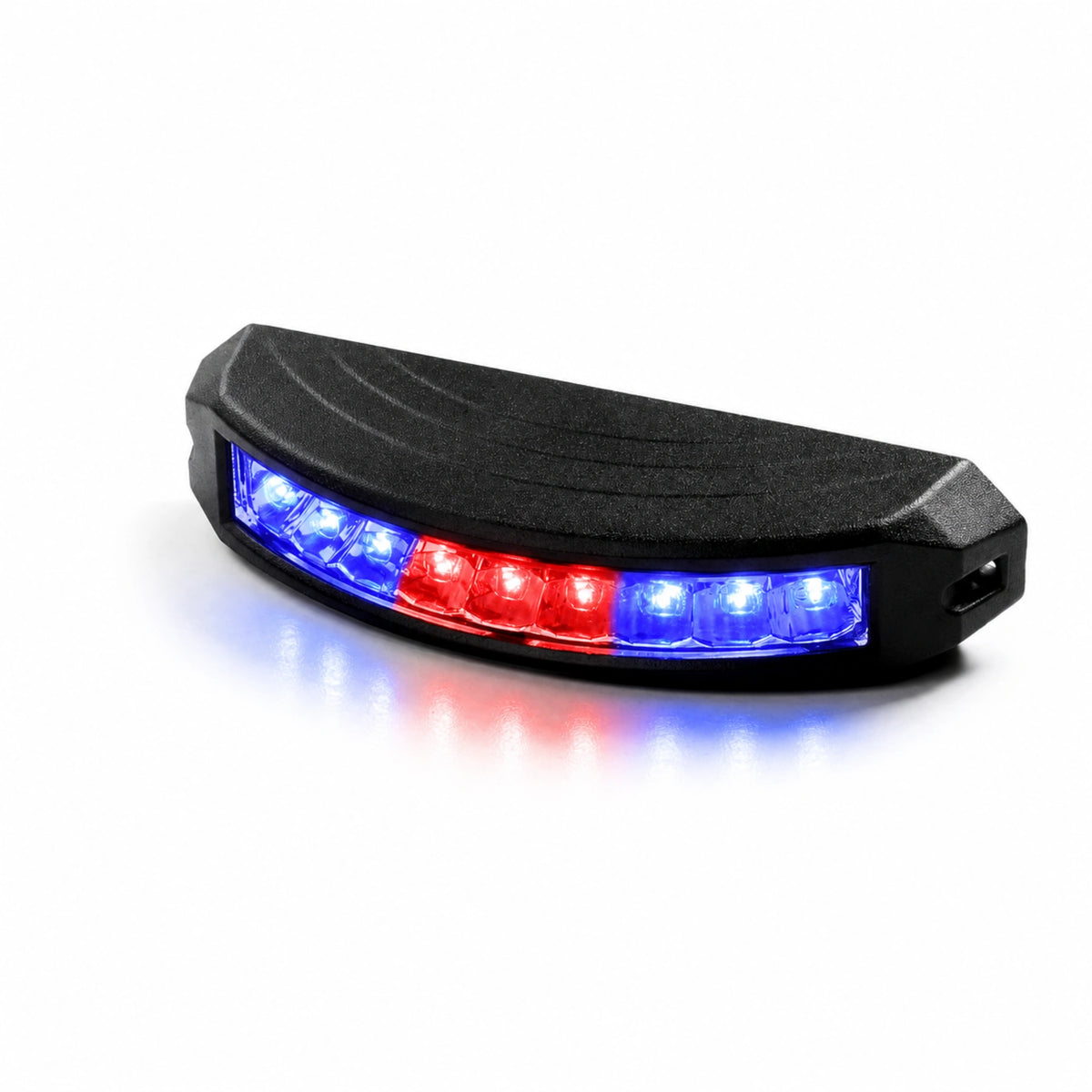 The warning light head running split blue and red output, with red LEDs in the centre and blue at each end