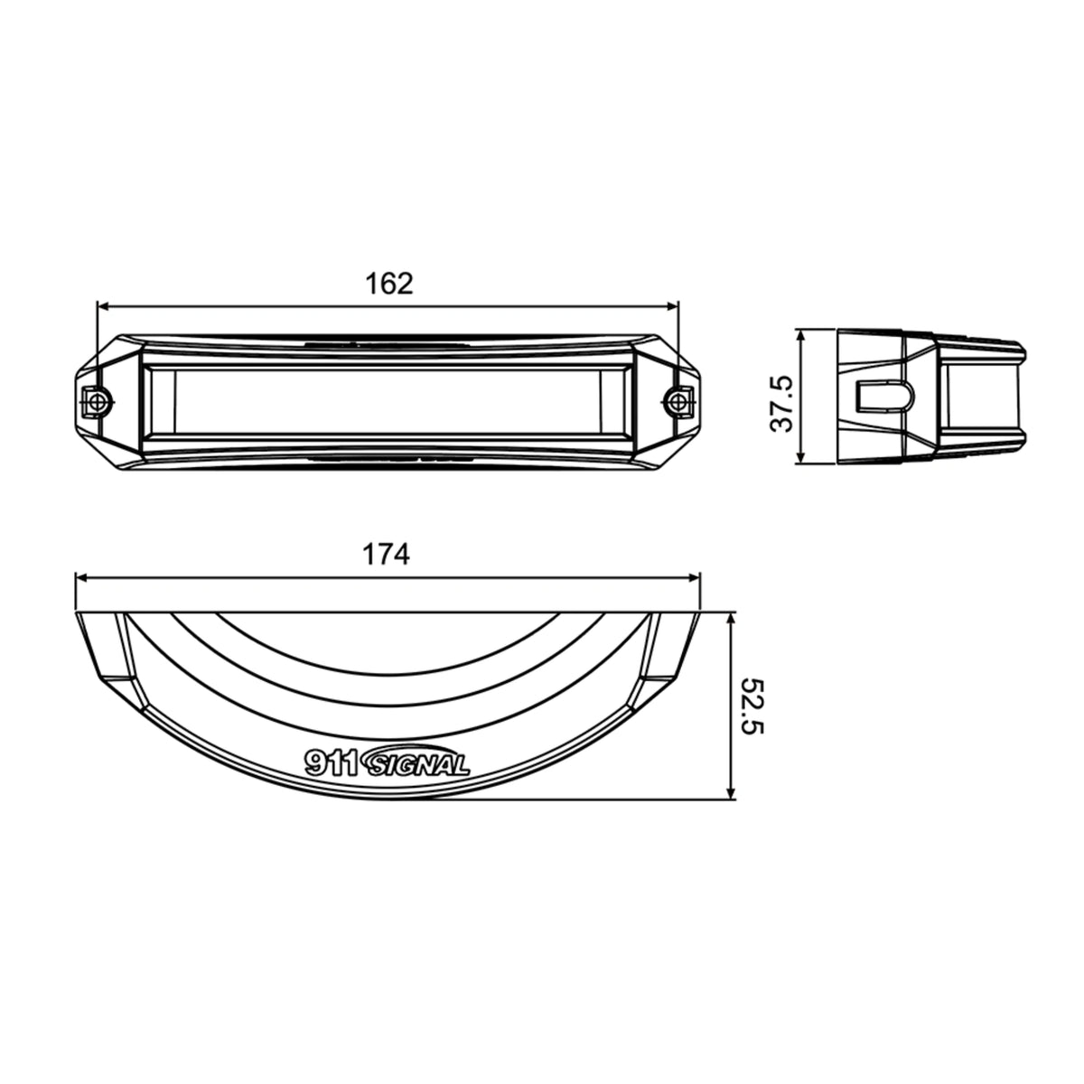 Dimension drawing of the warning light head showing 174mm overall length, 162mm between mounting screw centres, 52.5mm height and 37.5mm depth