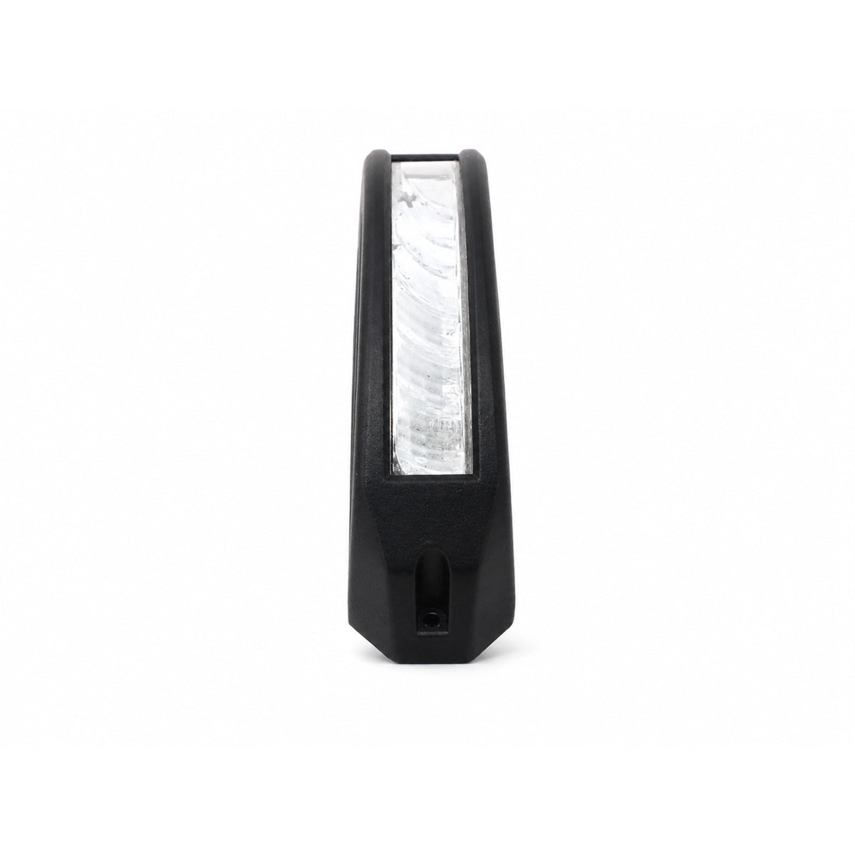 End view of the black LED warning light head showing the tapered wedge profile and the mounting slot in the end lug