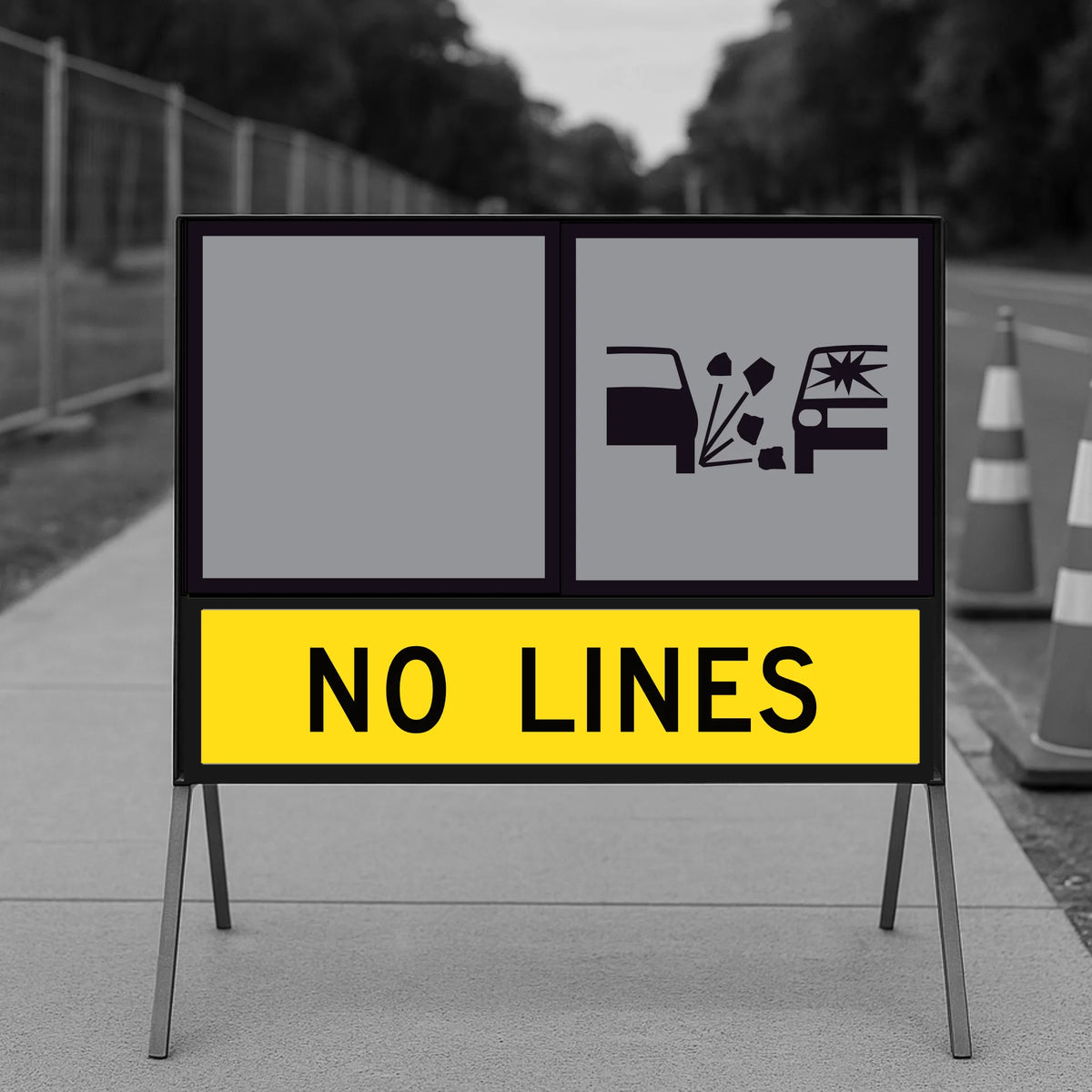 No Lines 1200x300mm corflute panel in the lower slot of a multi-message sign frame below a blank yellow panel and a Loose Stones symbol panel, on a footpath with traffic cones and temporary fencing