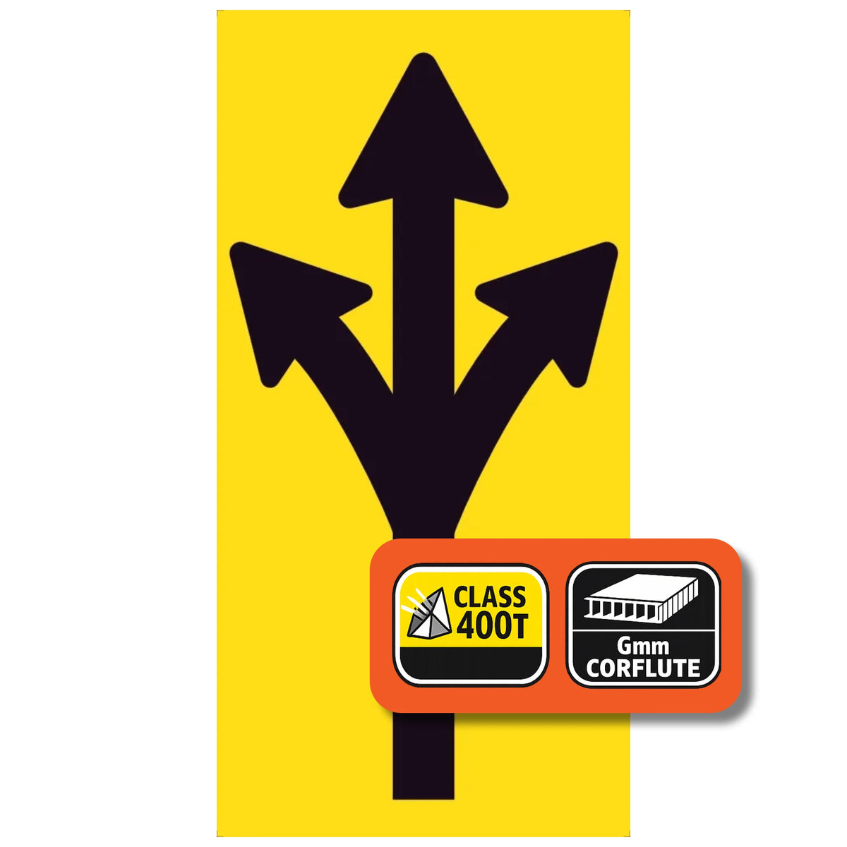 Lane Open Left Straight Right 300x600mm corflute lane status partial panel with black left straight and right arrow symbol on yellow reflective background