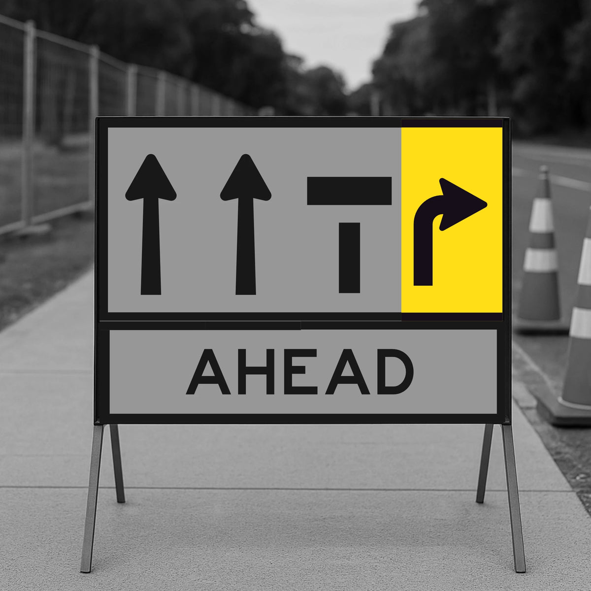 Temporary Traffic Control Road sign with lane status arrows and 'AHEAD' text on a blurred background