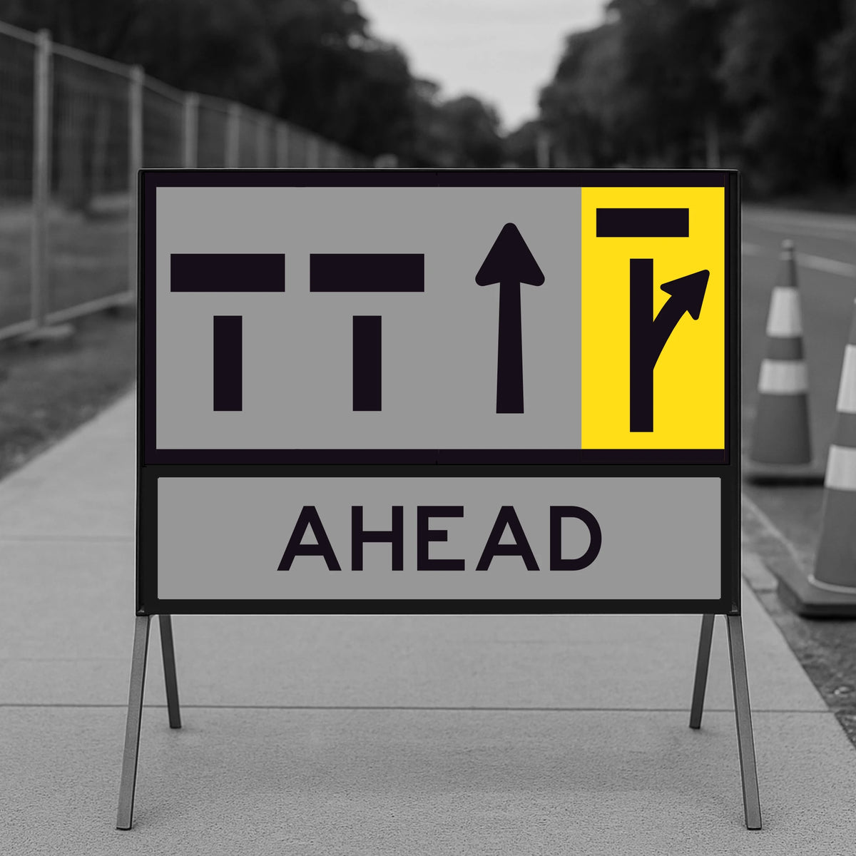 Temporary traffic control lane status road sign with directional arrows and 'AHEAD' text on a stand outdoors.