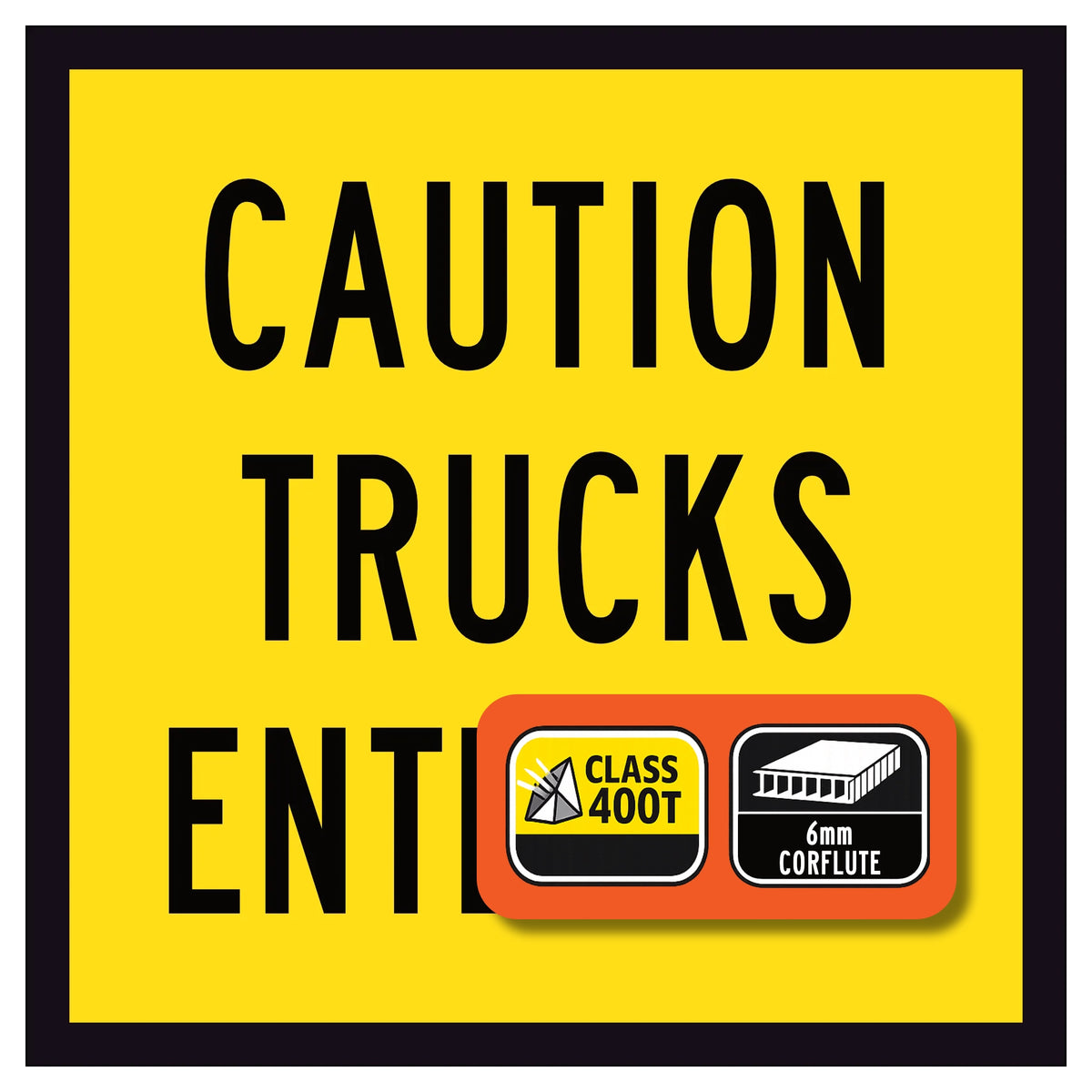 Yellow caution sign with black text and safety certification logos on a white background