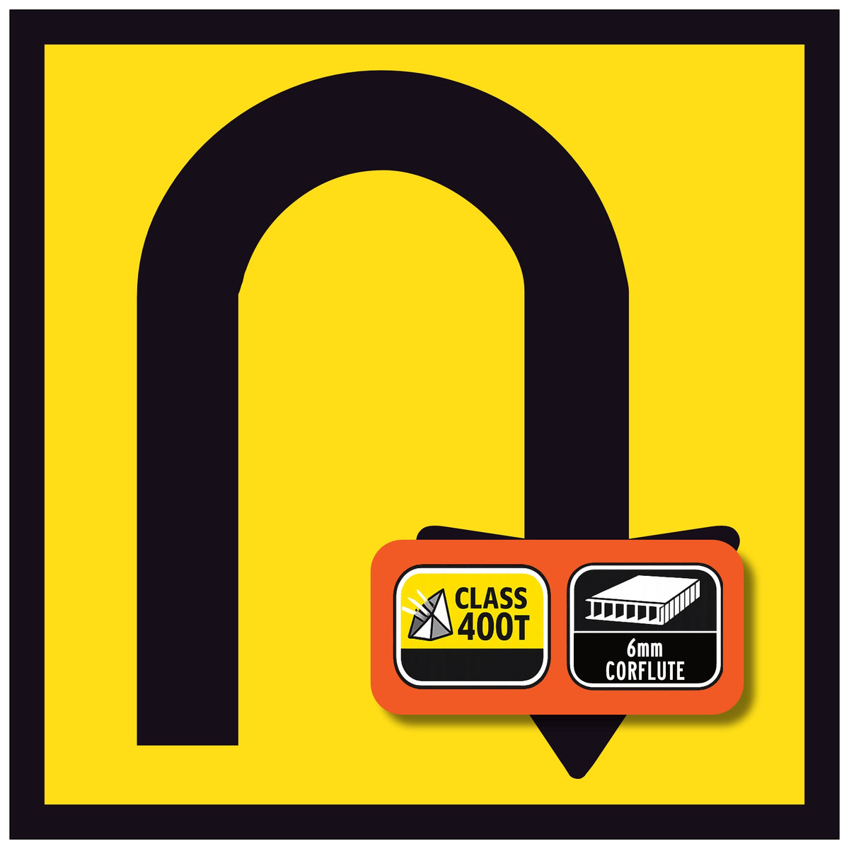 U Turn symbol 600x600mm corflute sign panel with black U-turn arrow and border on yellow retroreflective background