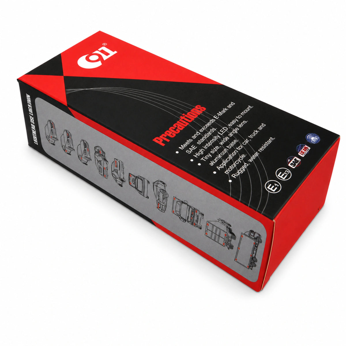 The 911 Signal retail carton for the light head, showing product precautions and approval marks