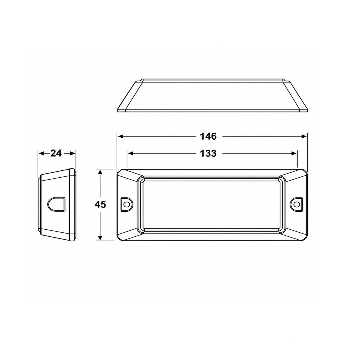 Dimension drawing of the warning light head showing 146mm overall length, 133mm between mounting hole centres, 45mm height and 24mm depth